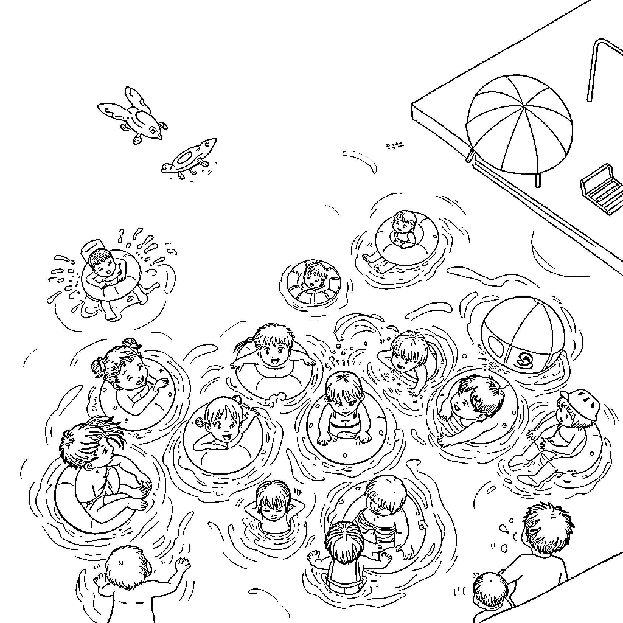 Kid playing joyfully in inflatable water park Coloring Page (free black-and-white line drawing printable PDF for all, from beginners to advanced learners, including children, teens, adults, and seniors)