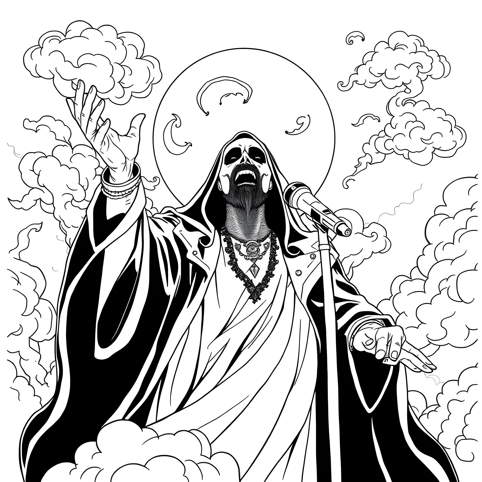 Papa Emeritus commanding the elements in a dramatic scene Coloring Page (free black-and-white line drawing printable PDF for all, from beginners to advanced learners, including children, teens, adults, and seniors)