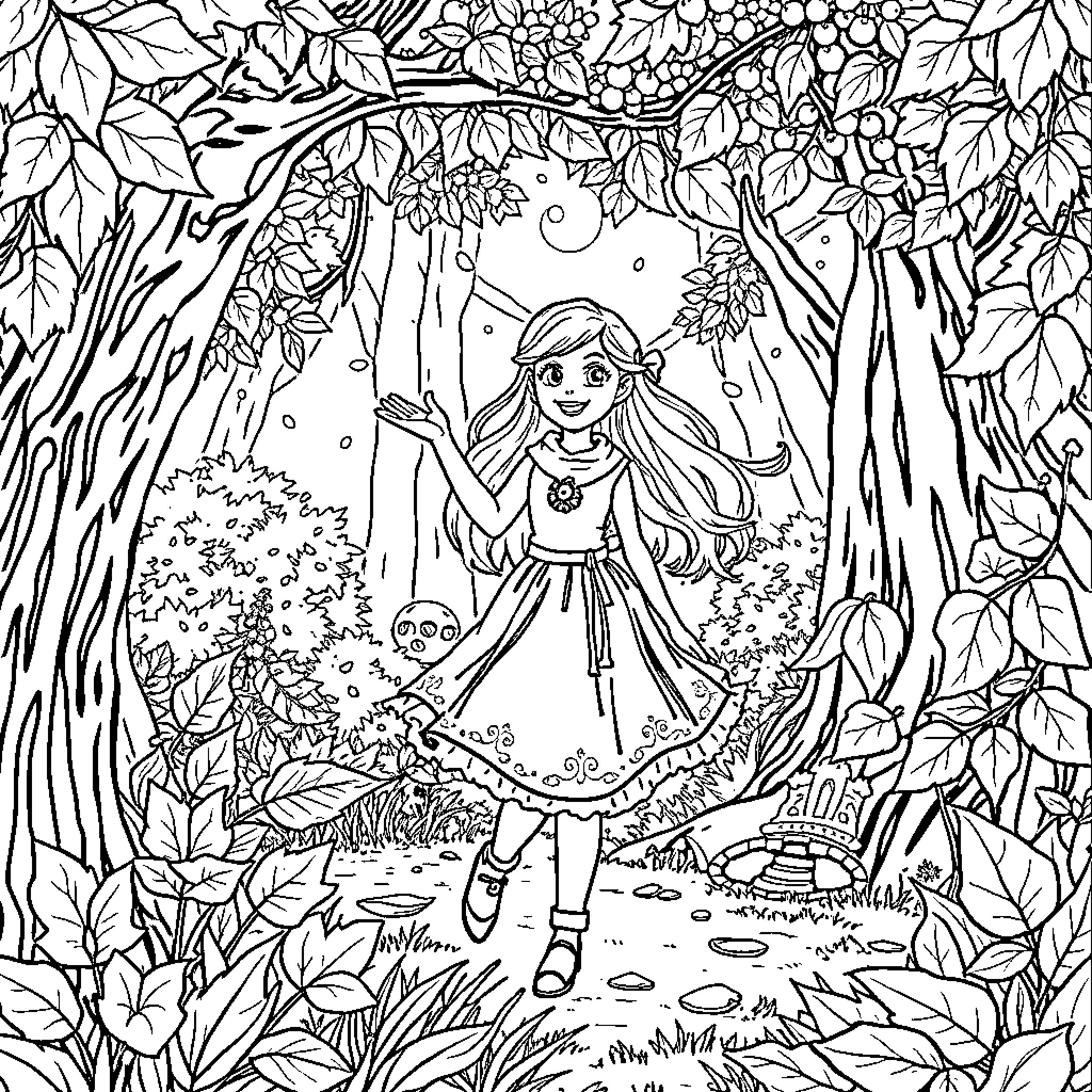 Alicia's Enchanted Forest Adventure Coloring Page (free black-and-white line drawing printable PDF for all, from beginners to advanced learners, including children, teens, adults, and seniors)
