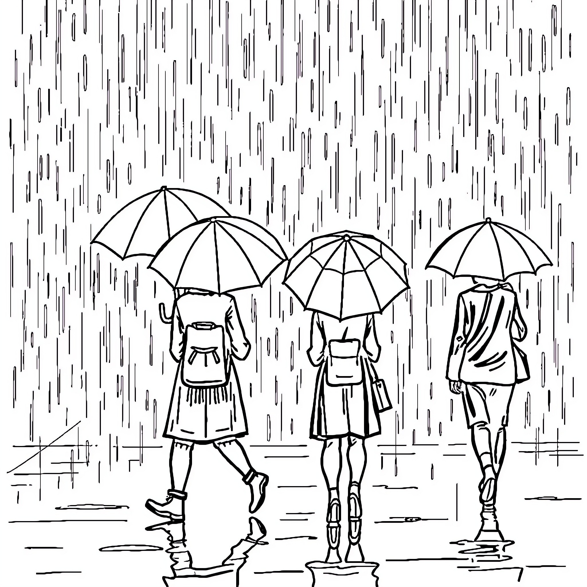 Human figures walking in the rain with umbrellas Coloring Page (free black-and-white line drawing printable PDF for all, from beginners to advanced learners, including children, teens, adults, and seniors)