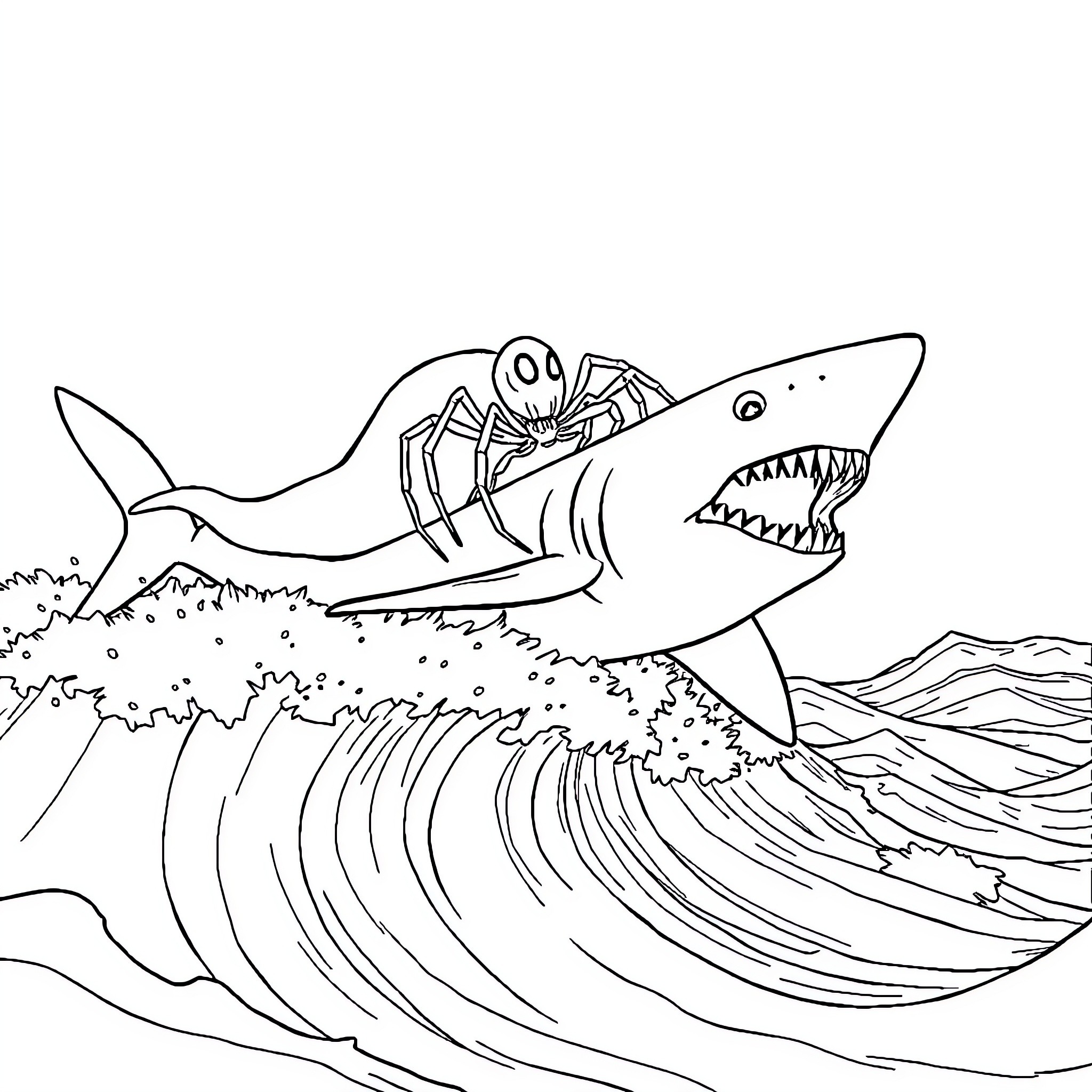 Ghost Spider rides a giant shark through the waves Coloring Page (free black-and-white line drawing printable PDF for all, from beginners to advanced learners, including children, teens, adults, and seniors)