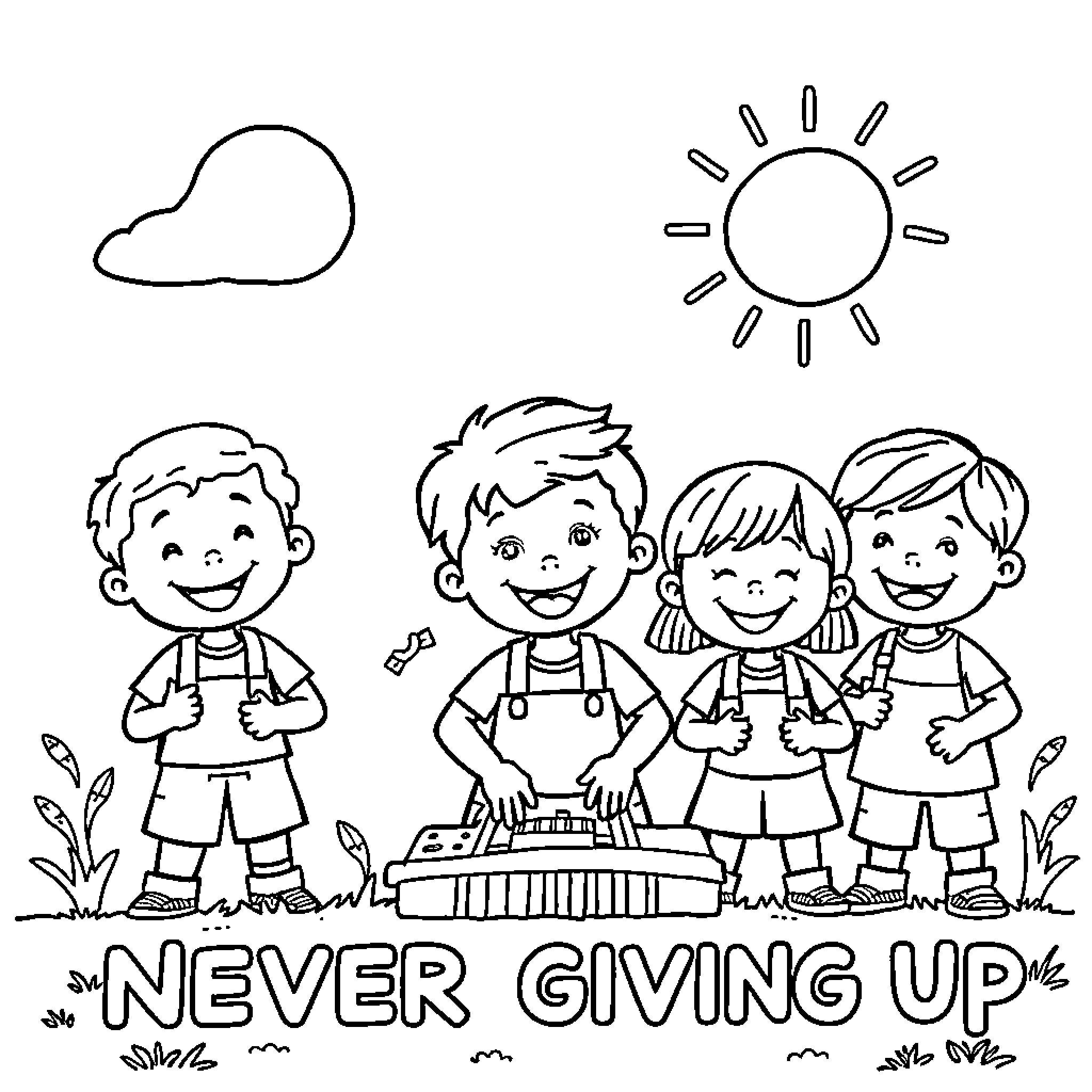 Perseverance of children at play Coloring Page (free black-and-white line drawing printable PDF for all, from beginners to advanced learners, including children, teens, adults, and seniors)