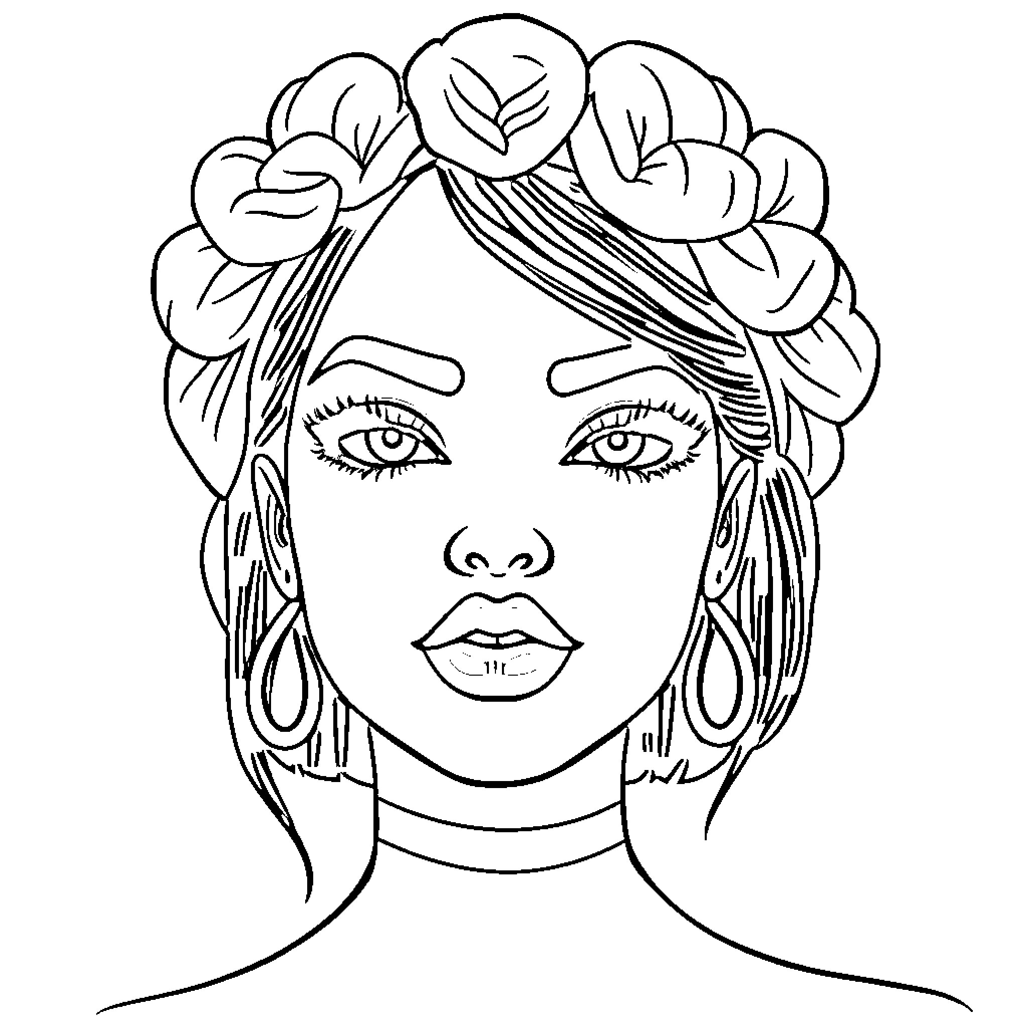 Sims character with detailed floral hairstyle Coloring Page (free black-and-white line drawing printable PDF for all, from beginners to advanced learners, including children, teens, adults, and seniors)