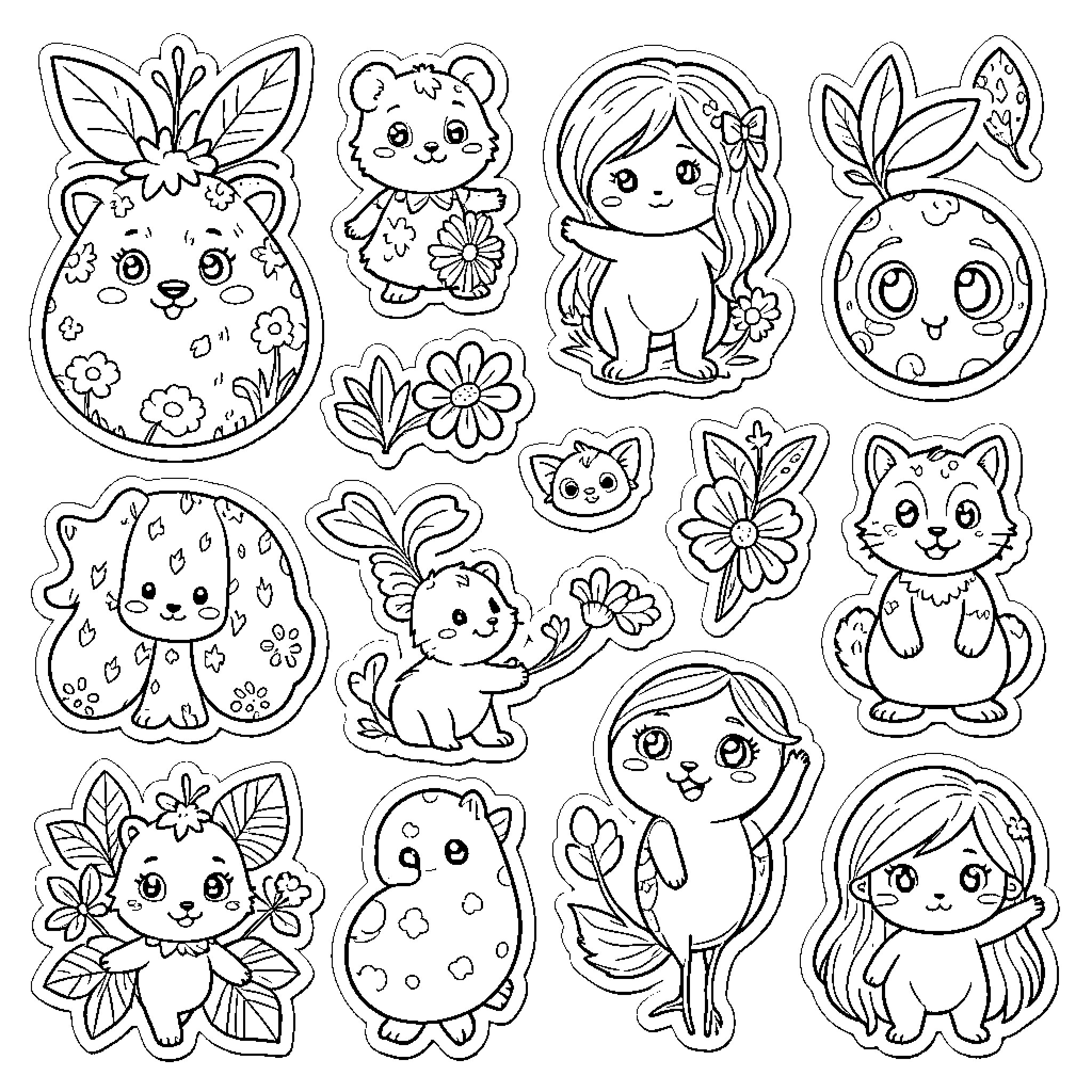 Sticker set of cute characters and animals smiling Coloring Page (free black-and-white line drawing printable PDF for all, from beginners to advanced learners, including children, teens, adults, and seniors)