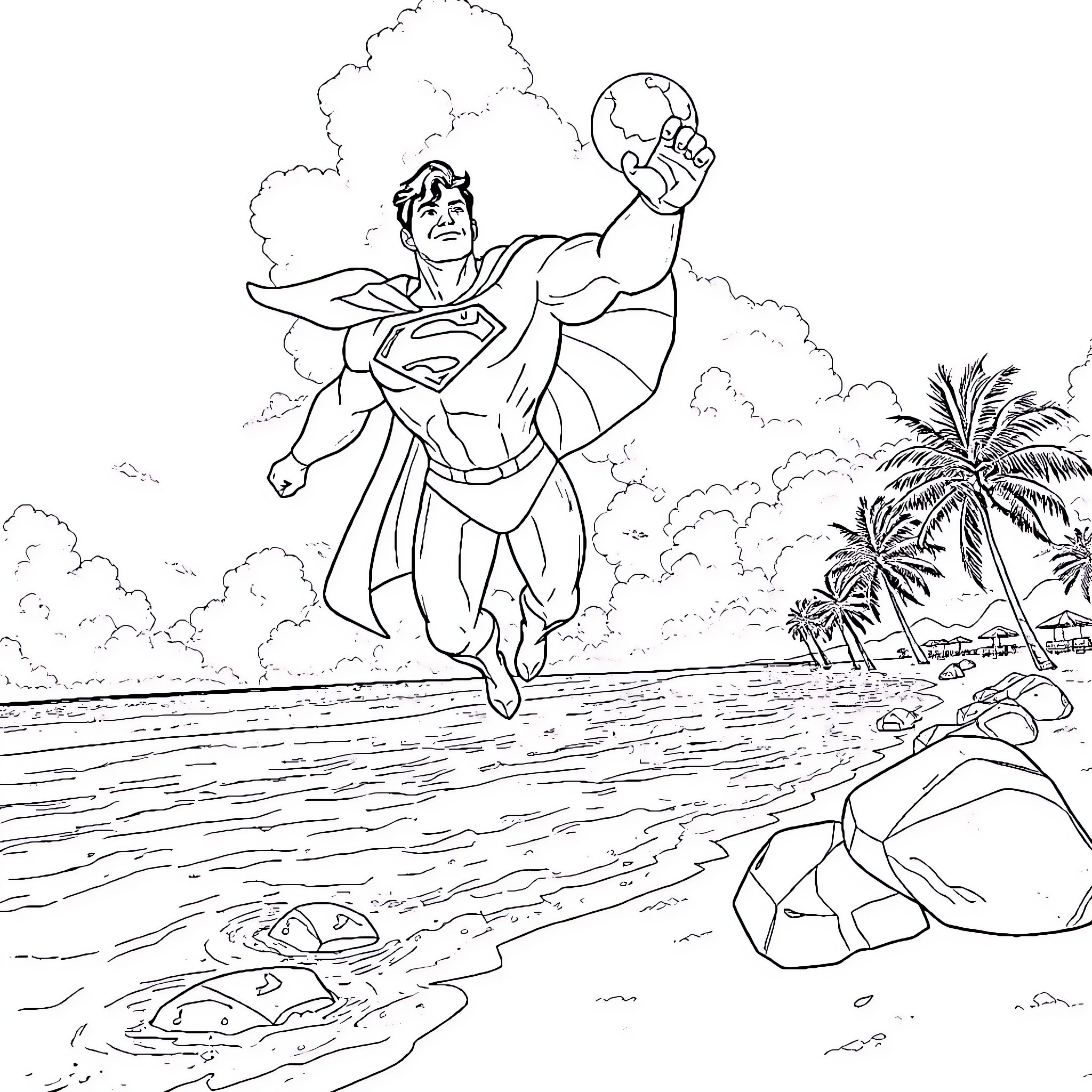 Superman flies heroically through the clouds Coloring Page (free black-and-white line drawing printable PDF for all, from beginners to advanced learners, including children, teens, adults, and seniors)