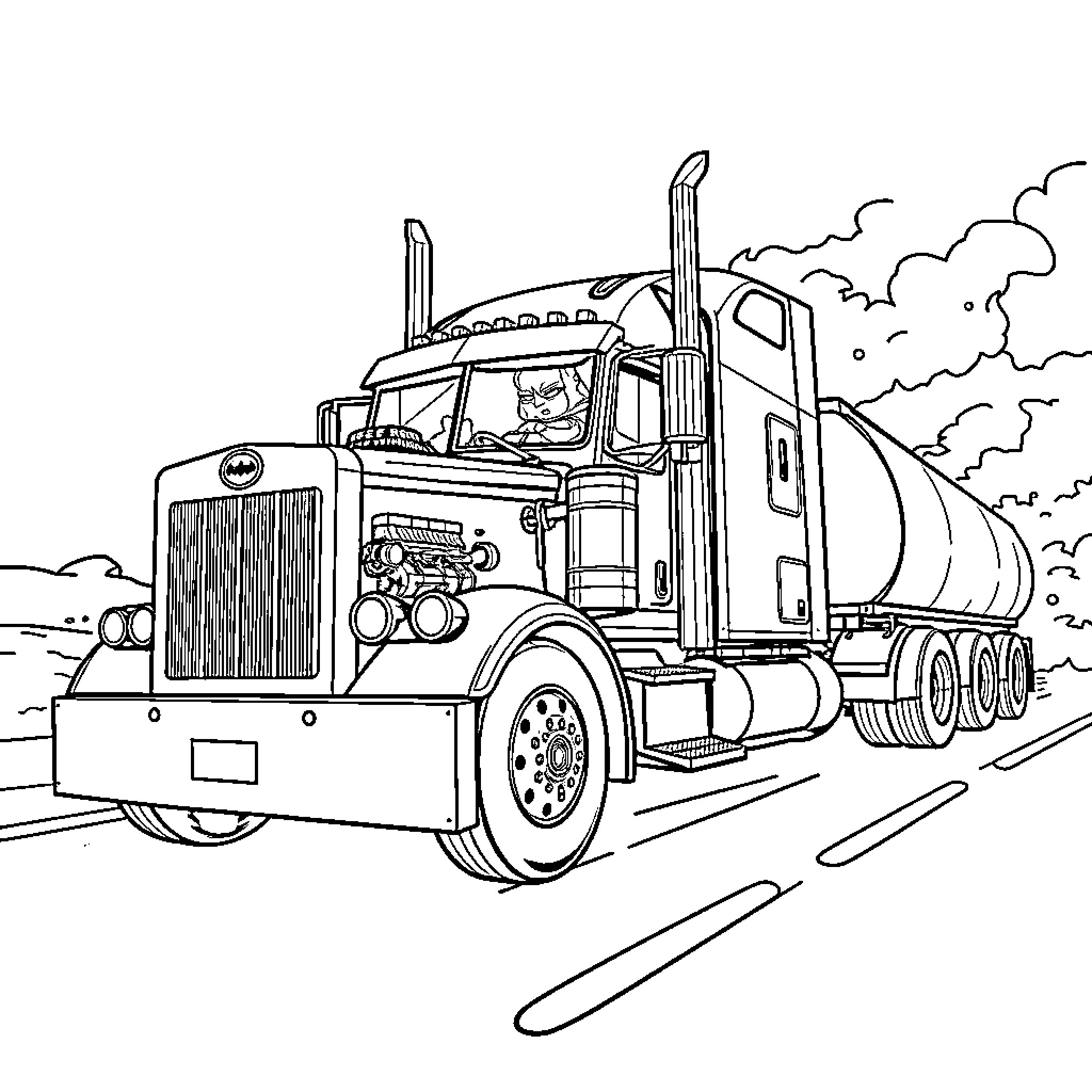 Batman's Imposing Truck Navigates the Open Road Coloring Page (free black-and-white line drawing printable PDF for all, from beginners to advanced learners, including children, teens, adults, and seniors)