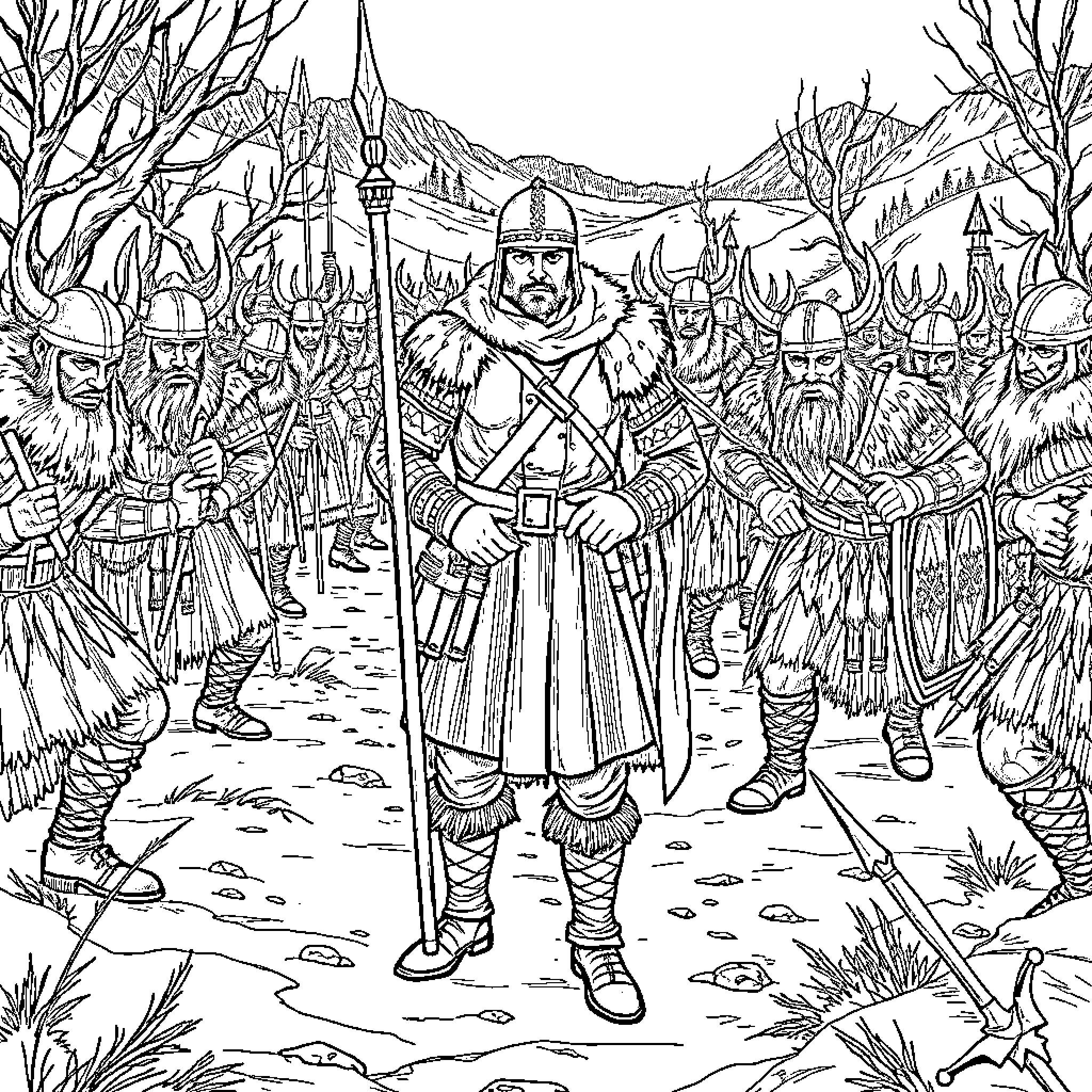 Soldier leading a medieval army through a snowy landscape Coloring Page (free black-and-white line drawing printable PDF for all, from beginners to advanced learners, including children, teens, adults, and seniors)