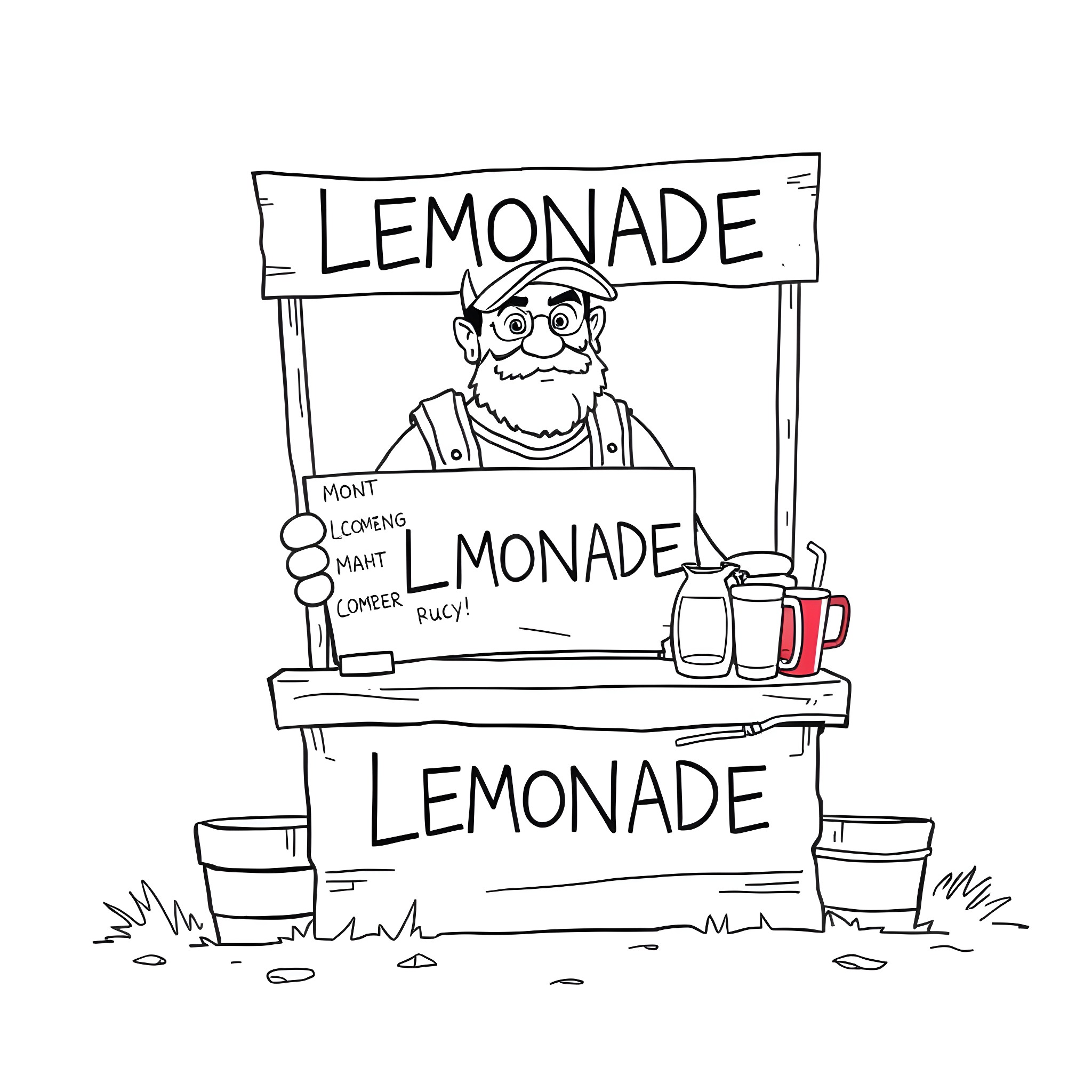 Thug selling lemonade at street stand Coloring Page (free black-and-white line drawing printable PDF for all, from beginners to advanced learners, including children, teens, adults, and seniors)