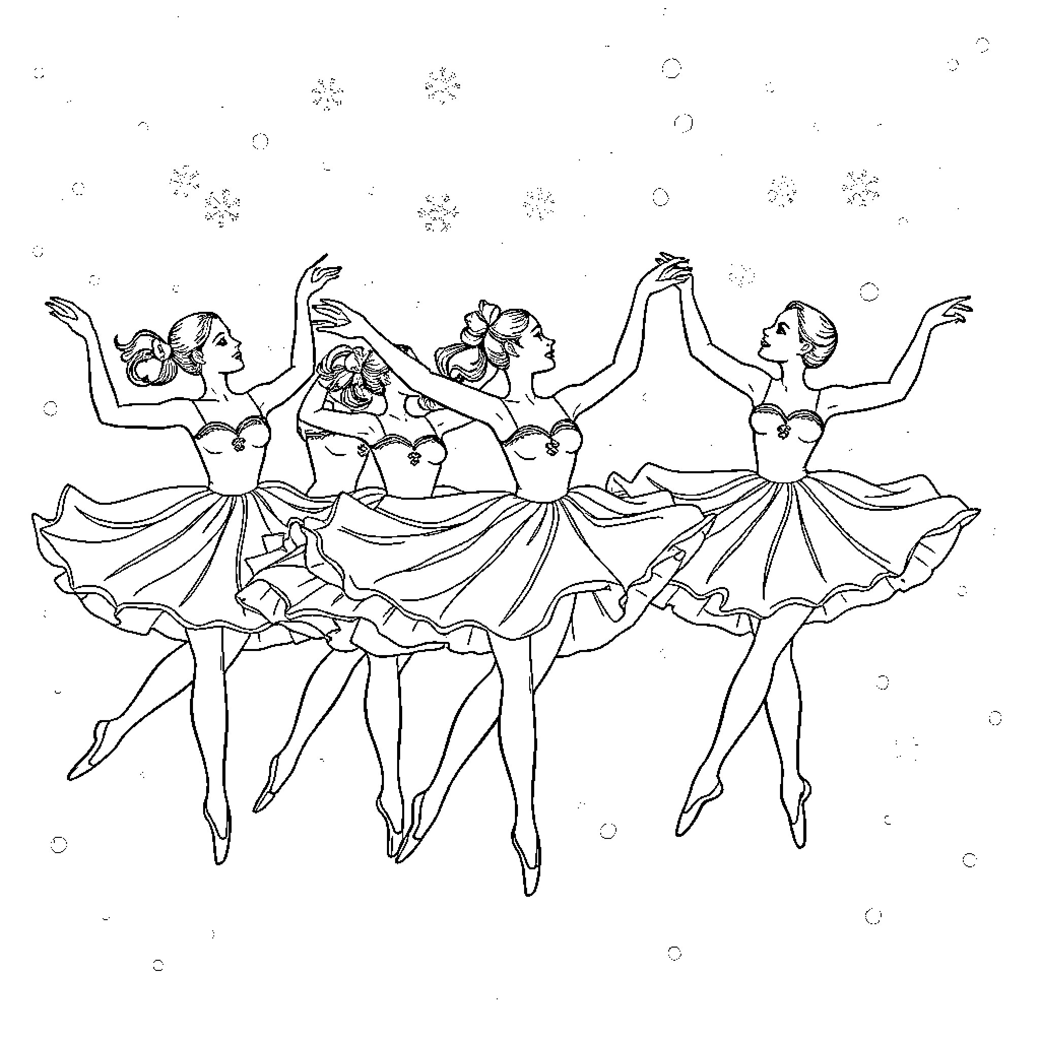 Ballerina dancers perform graceful recital on stage Coloring Page (free black-and-white line drawing printable PDF for all, from beginners to advanced learners, including children, teens, adults, and seniors)