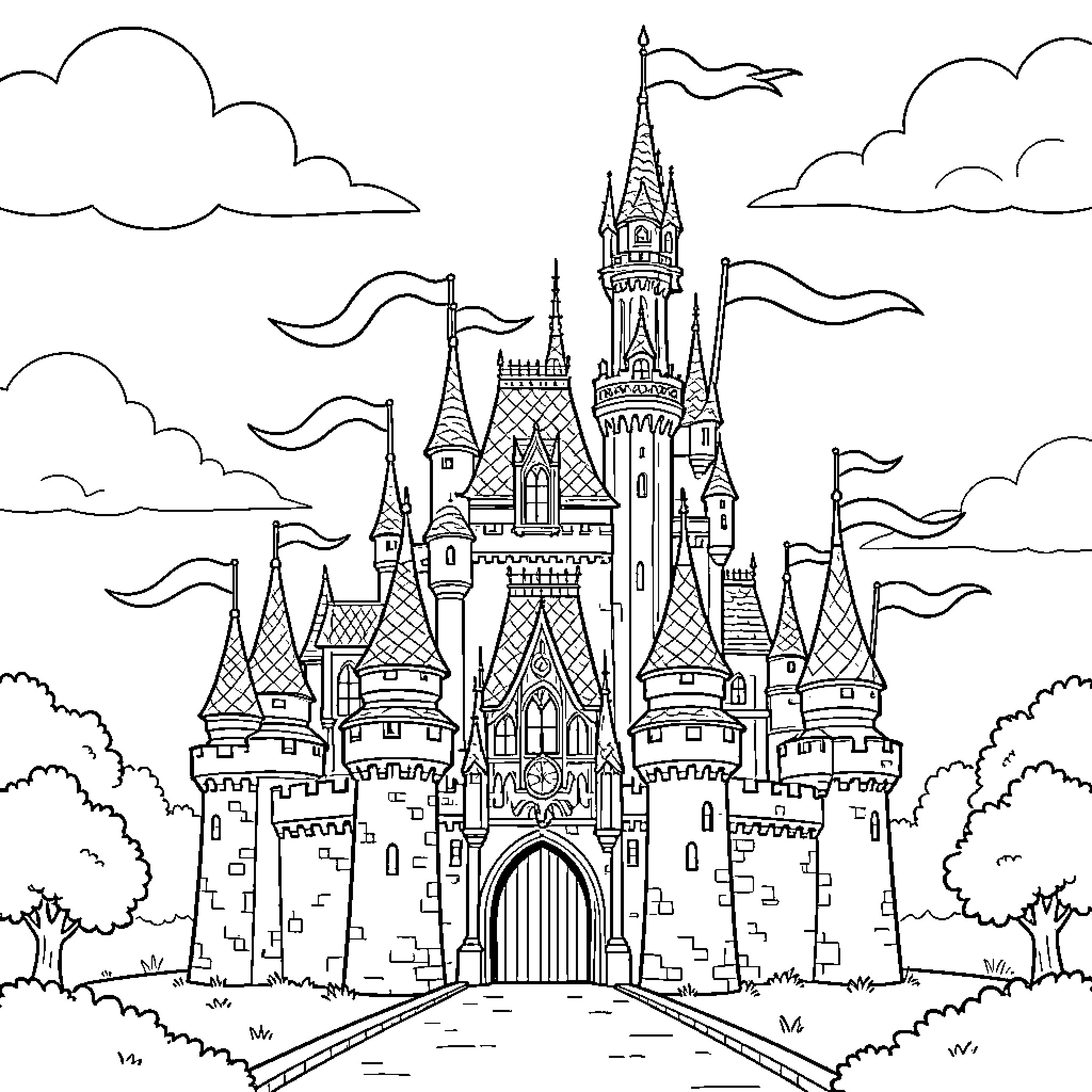 Castle with Whimsical Turrets and Flags Coloring Page (free black-and-white line drawing printable PDF for all, from beginners to advanced learners, including children, teens, adults, and seniors)