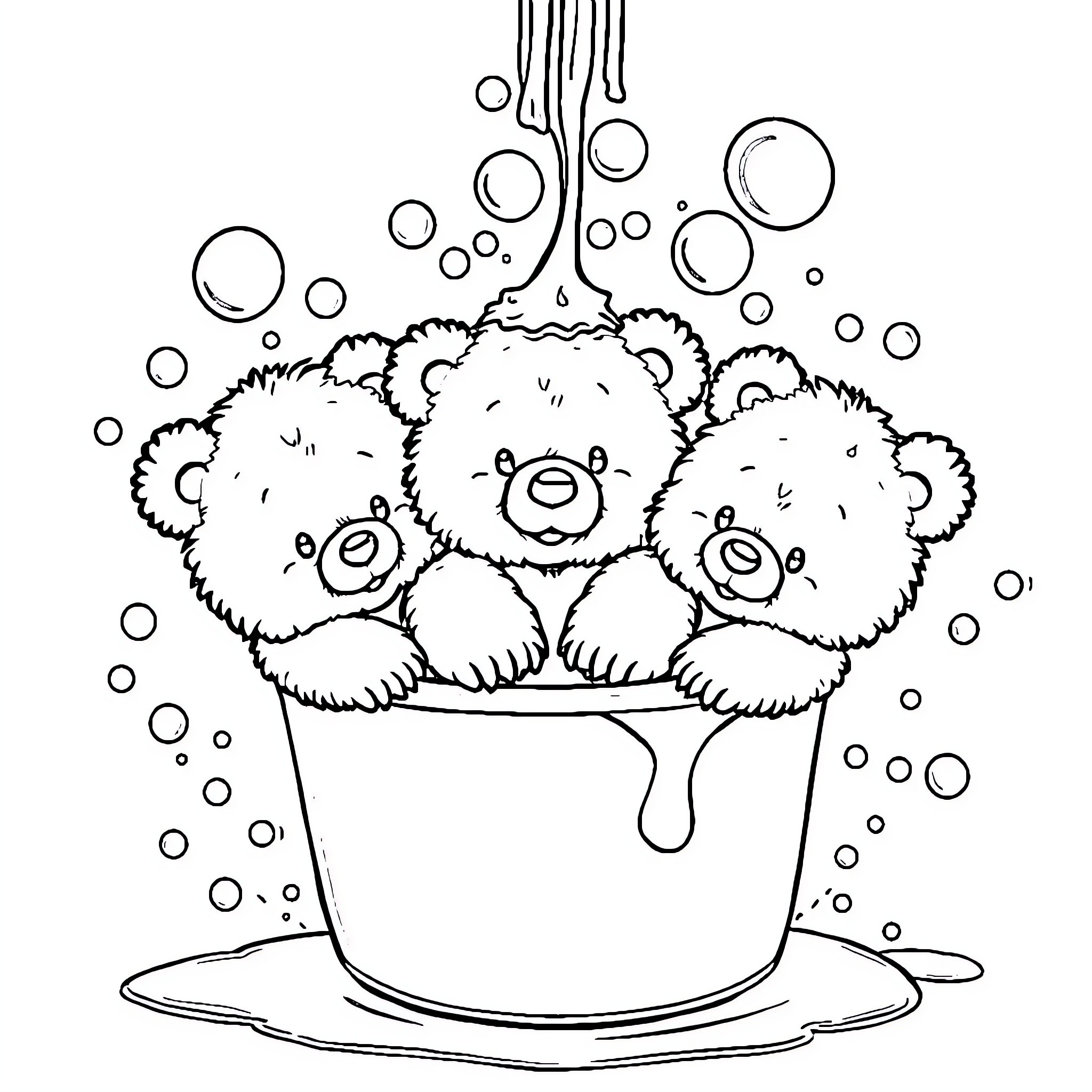 Bear cubs playing in a bathtub filled with bubbles Coloring Page (free black-and-white line drawing printable PDF for all, from beginners to advanced learners, including children, teens, adults, and seniors)