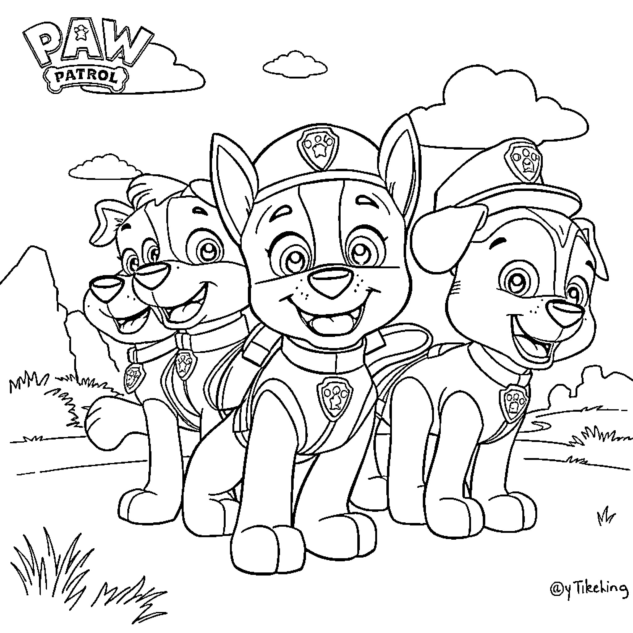 Paw Patrol Puppies on a Playful Adventure Coloring Page (free black-and-white line drawing printable PDF for all, from beginners to advanced learners, including children, teens, adults, and seniors)