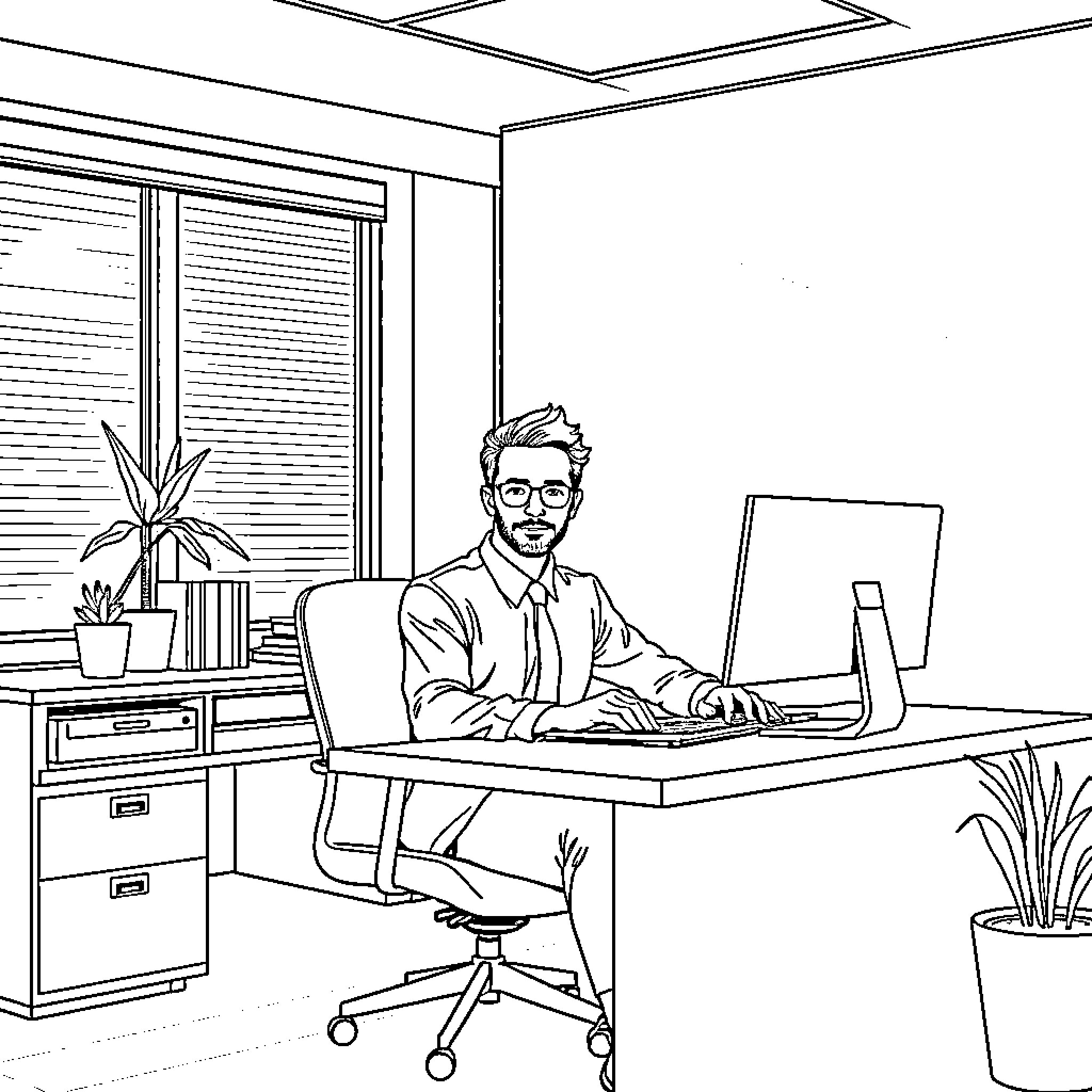 Man working diligently at his desk in the office Coloring Page (free black-and-white line drawing printable PDF for all, from beginners to advanced learners, including children, teens, adults, and seniors)