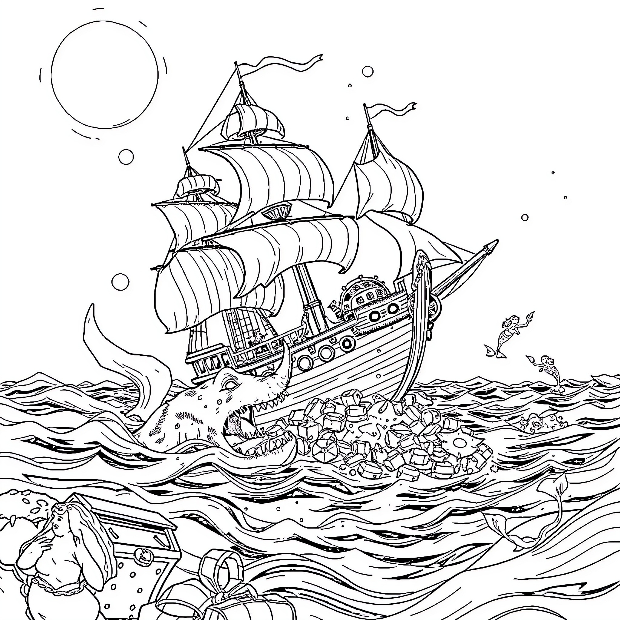 Pirate Ship Navigating Stormy Seas with Treasure Coloring Page (free black-and-white line drawing printable PDF for all, from beginners to advanced learners, including children, teens, adults, and seniors)