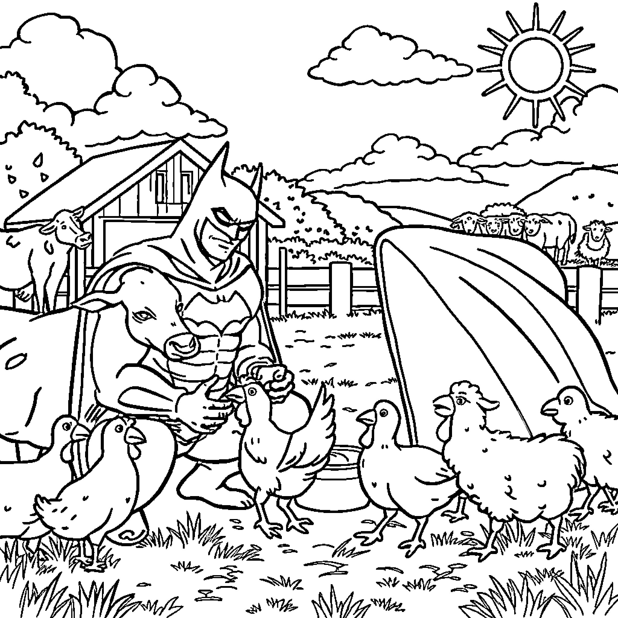 Batman farming with animals in a peaceful rural scene Coloring Page (free black-and-white line drawing printable PDF for all, from beginners to advanced learners, including children, teens, adults, and seniors)