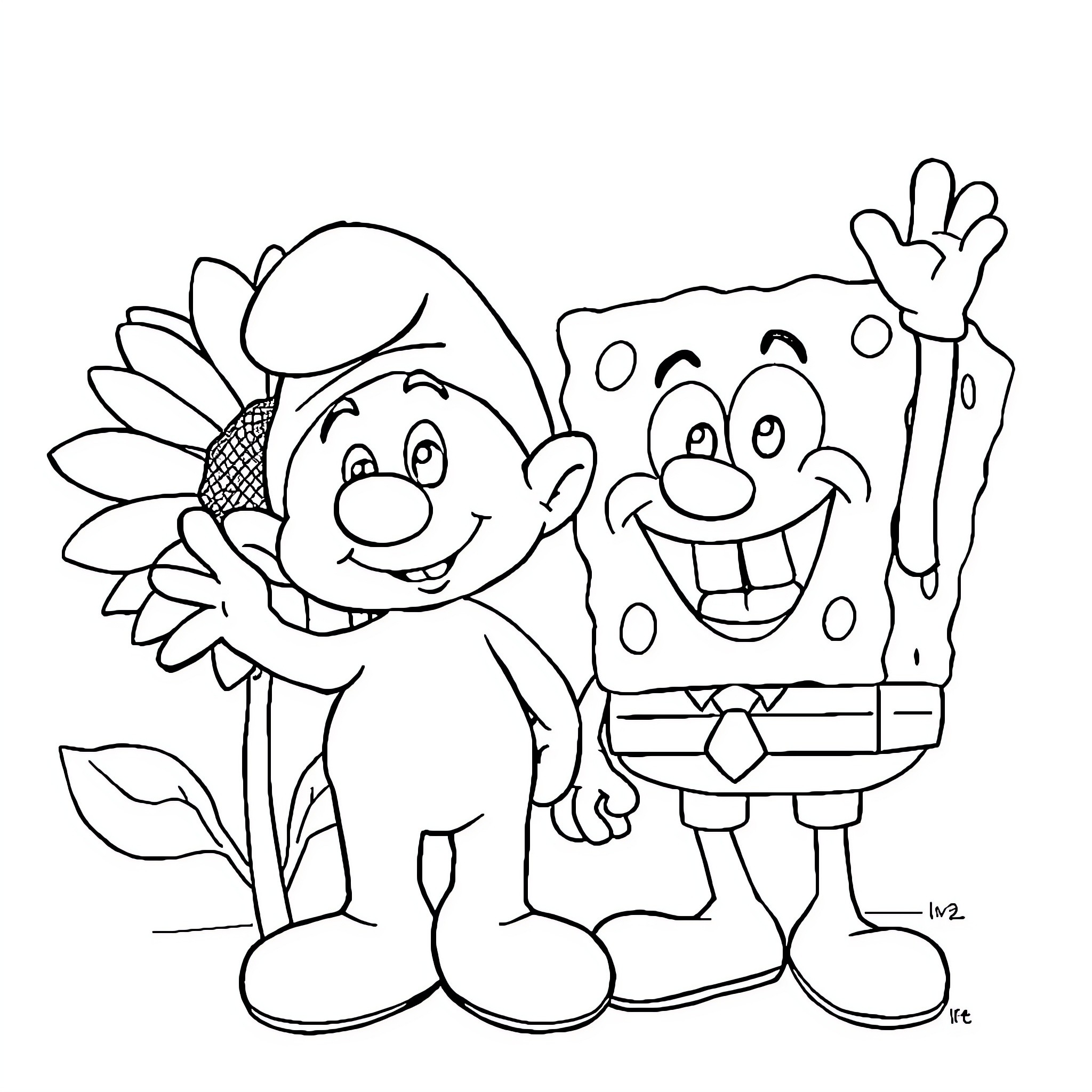 Smurf Friends Celebrating with Enthusiasm Coloring Page (free black-and-white line drawing printable PDF for all, from beginners to advanced learners, including children, teens, adults, and seniors)