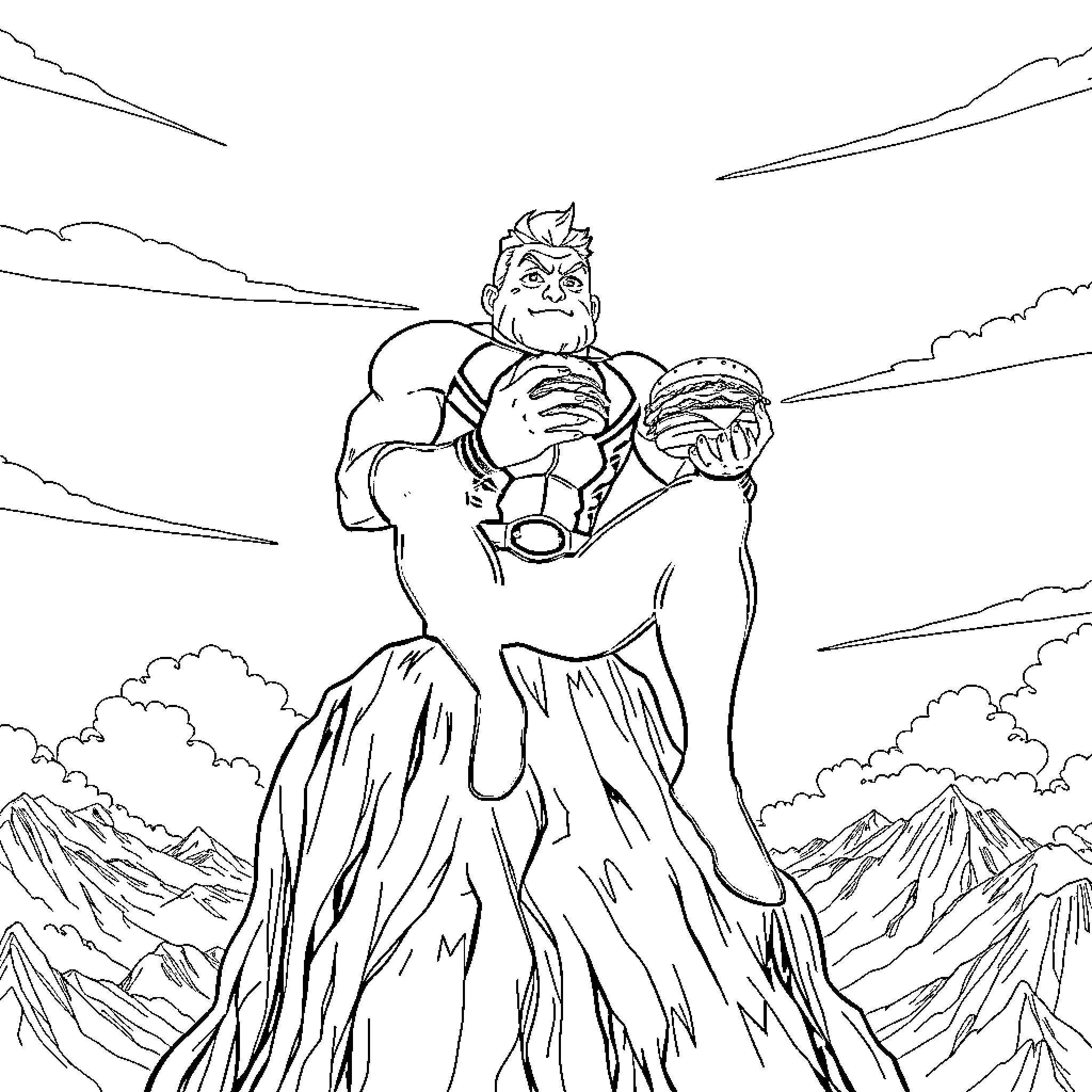 Aquaman holding hamburgers in mountainous landscape Coloring Page (free black-and-white line drawing printable PDF for all, from beginners to advanced learners, including children, teens, adults, and seniors)