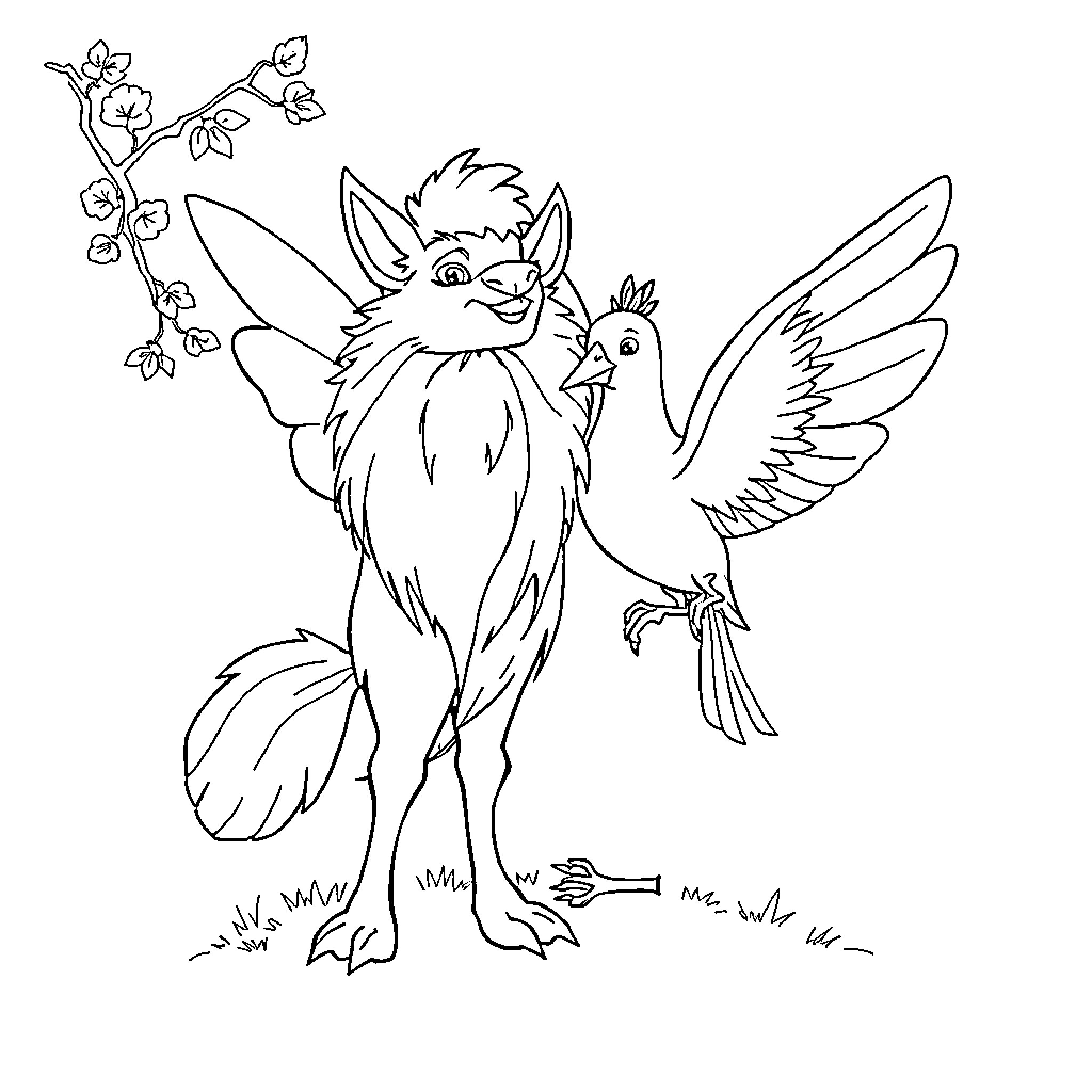 Fable Characters in Whimsical Fantasy Scene Coloring Page (free black-and-white line drawing printable PDF for all, from beginners to advanced learners, including children, teens, adults, and seniors)