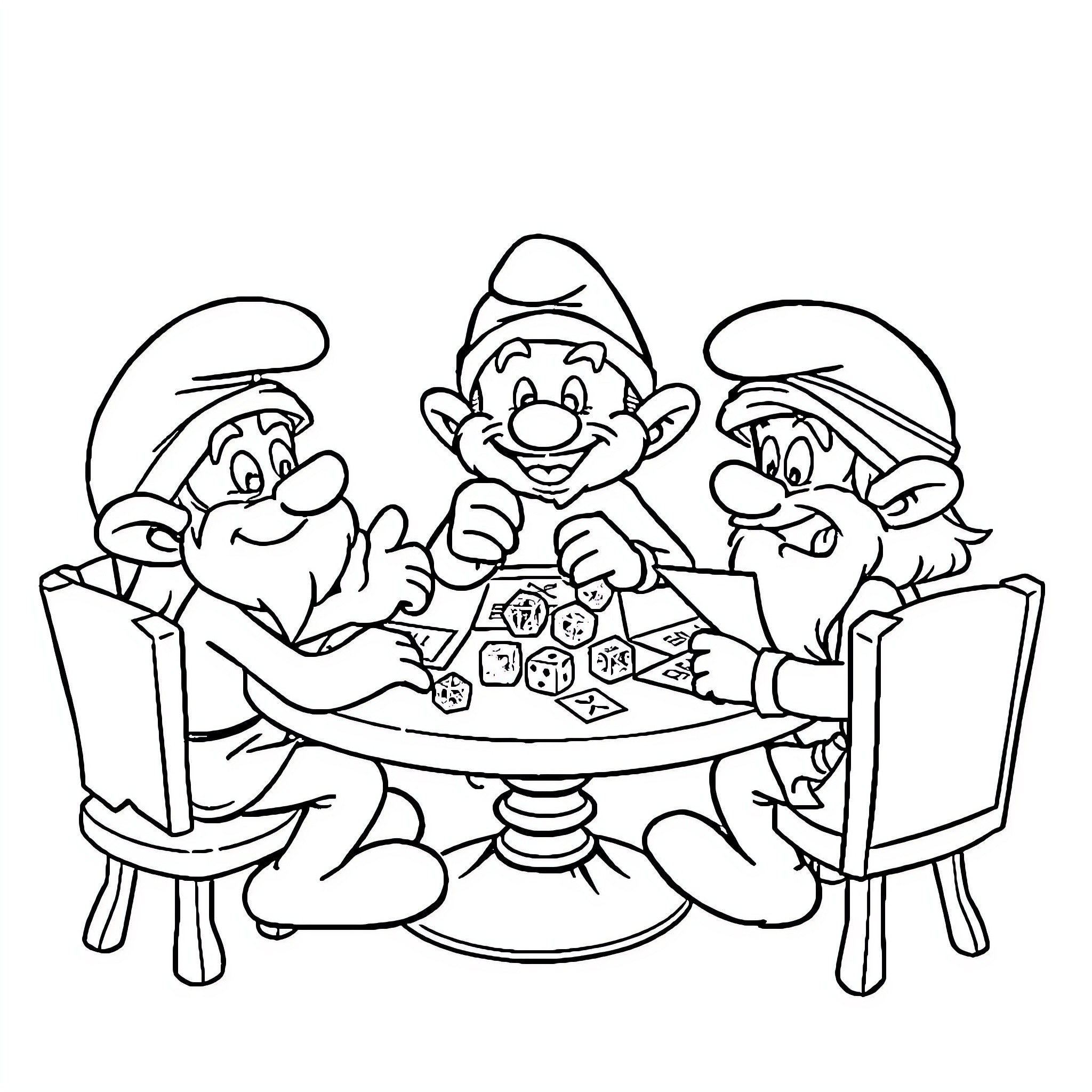 Smurf Friends Enjoying Game Night Together Coloring Page (free black-and-white line drawing printable PDF for all, from beginners to advanced learners, including children, teens, adults, and seniors)