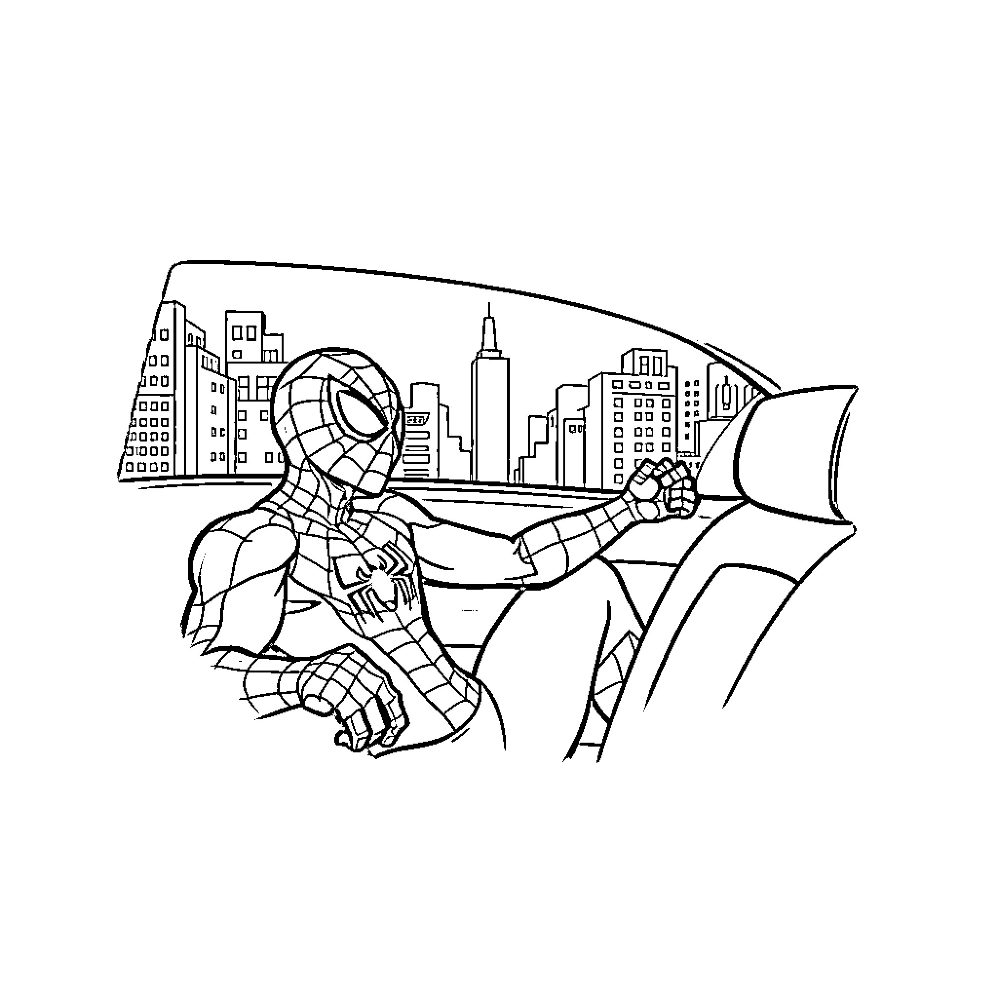 Spiderman swinging through the city skyline Coloring Page (free black-and-white line drawing printable PDF for all, from beginners to advanced learners, including children, teens, adults, and seniors)