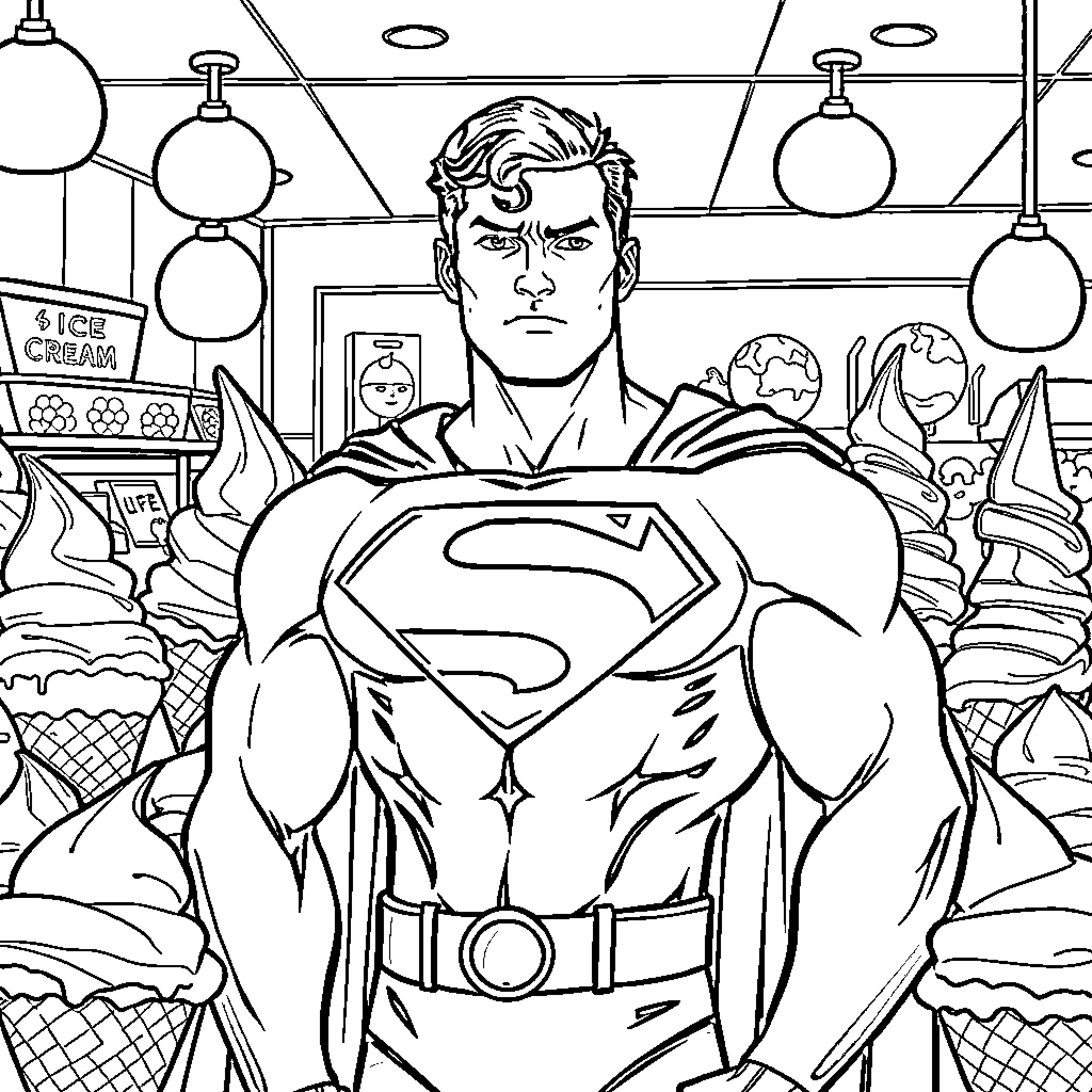 Superman in action at the ice cream shop Coloring Page (free black-and-white line drawing printable PDF for all, from beginners to advanced learners, including children, teens, adults, and seniors)
