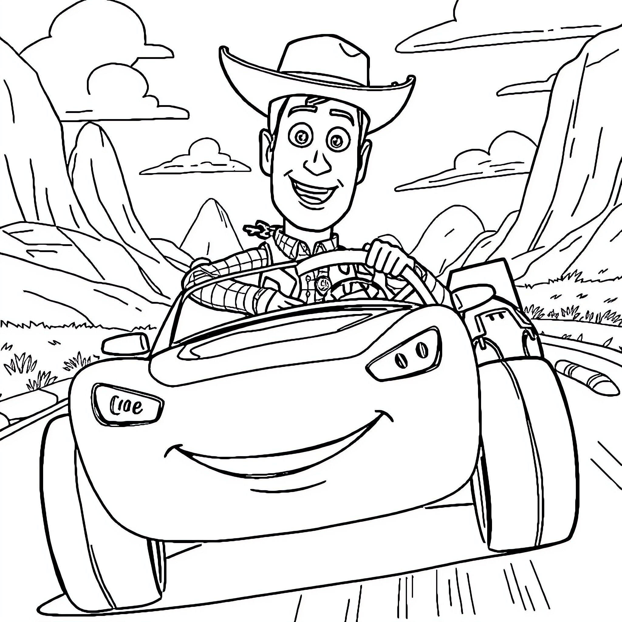 Woody's Exciting Adventure in the Wild West Coloring Page (free black-and-white line drawing printable PDF for all, from beginners to advanced learners, including children, teens, adults, and seniors)