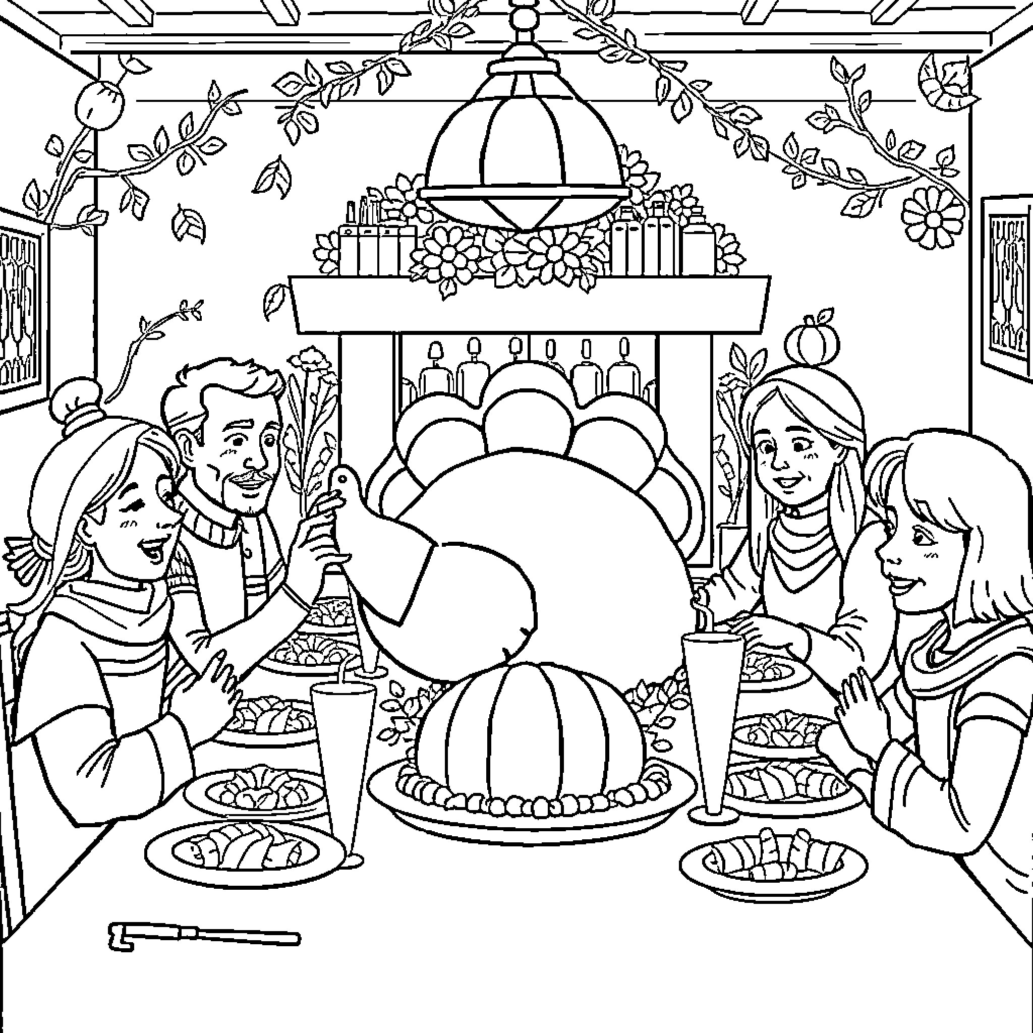 Thanksgiving Family Gathering Celebration Coloring Page (free black-and-white line drawing printable PDF for all, from beginners to advanced learners, including children, teens, adults, and seniors)