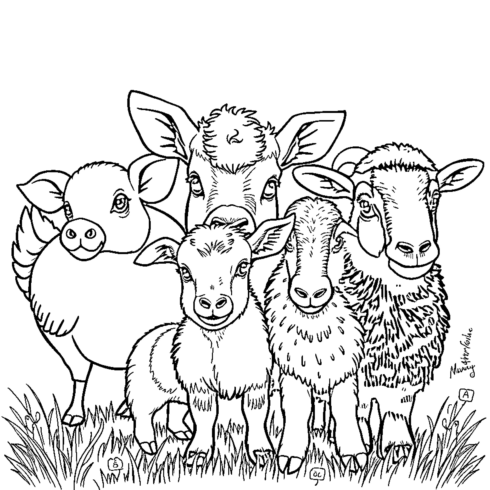 Animal Farmyard Friends in Meadow Coloring Page (free black-and-white line drawing printable PDF for all, from beginners to advanced learners, including children, teens, adults, and seniors)