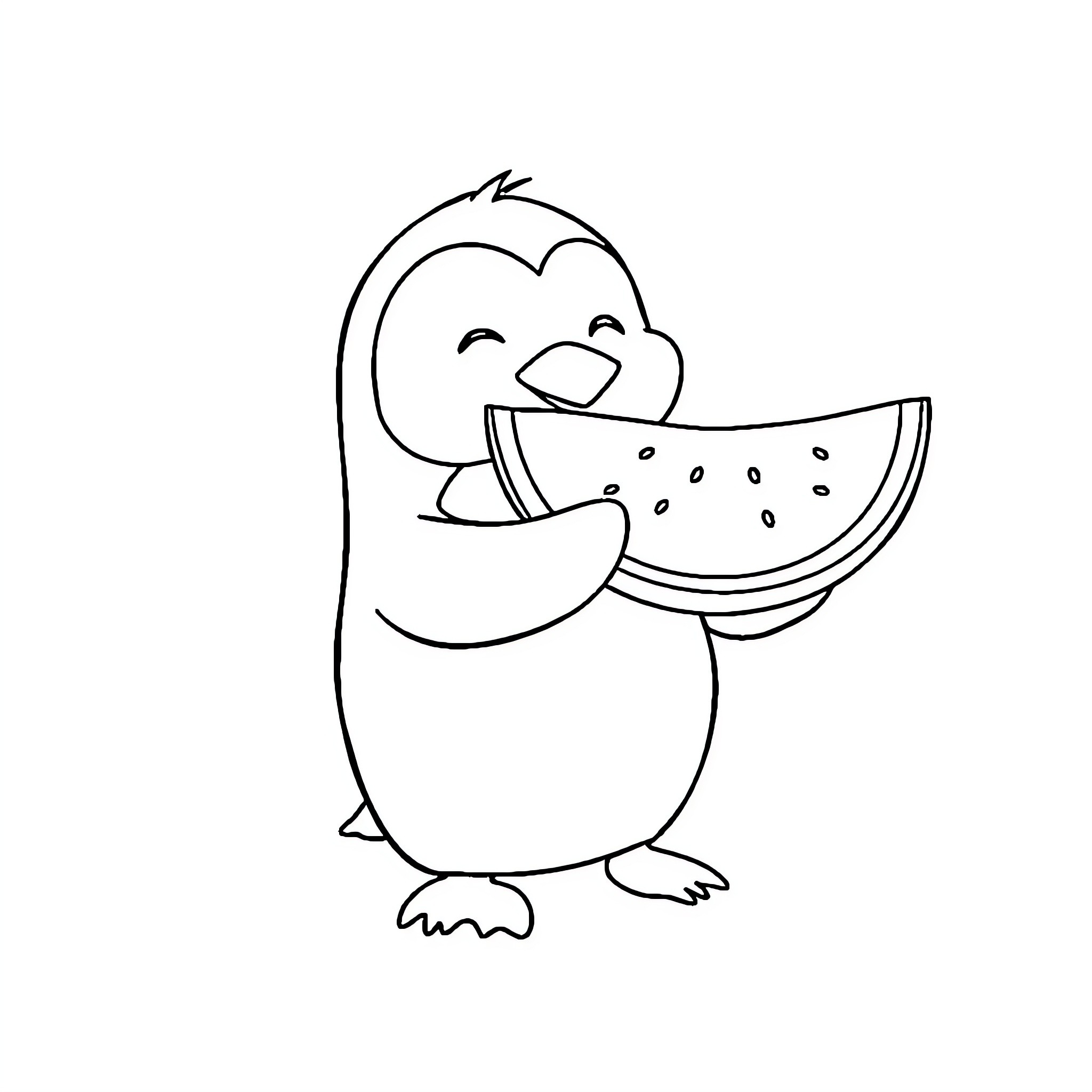 Penguin enjoying a refreshing watermelon snack Coloring Page (free black-and-white line drawing printable PDF for all, from beginners to advanced learners, including children, teens, adults, and seniors)