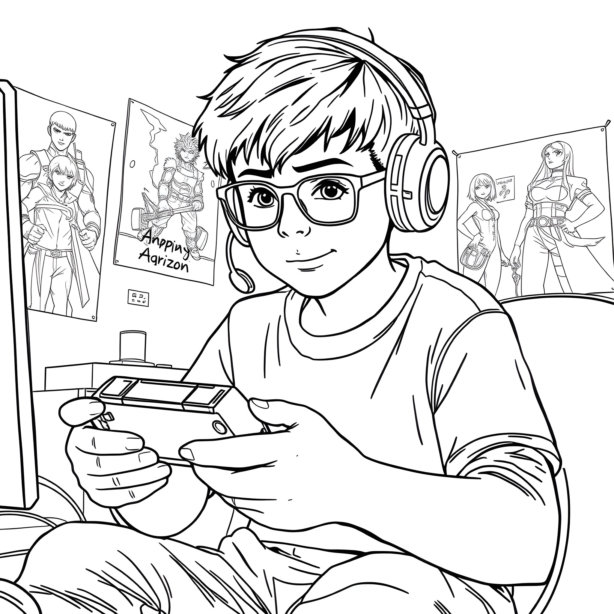 Boy playing video games with video game posters in the background Coloring Page (free black-and-white line drawing printable PDF for all, from beginners to advanced learners, including children, teens, adults, and seniors)