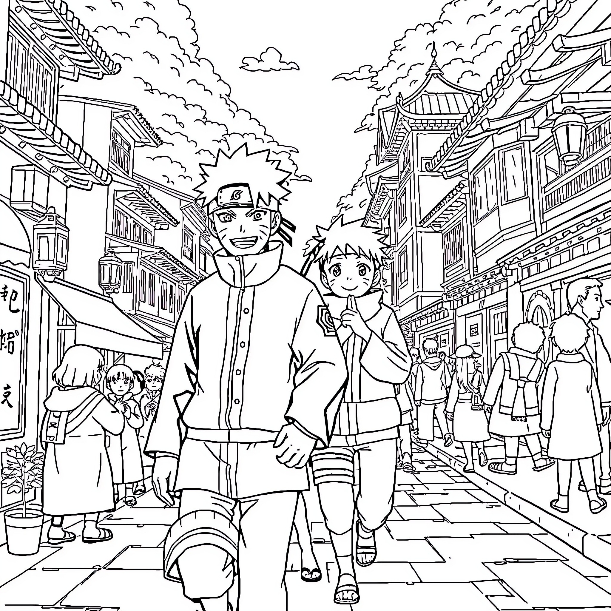 Naruto and Friends Explore the Vibrant Village Coloring Page (free black-and-white line drawing printable PDF for all, from beginners to advanced learners, including children, teens, adults, and seniors)