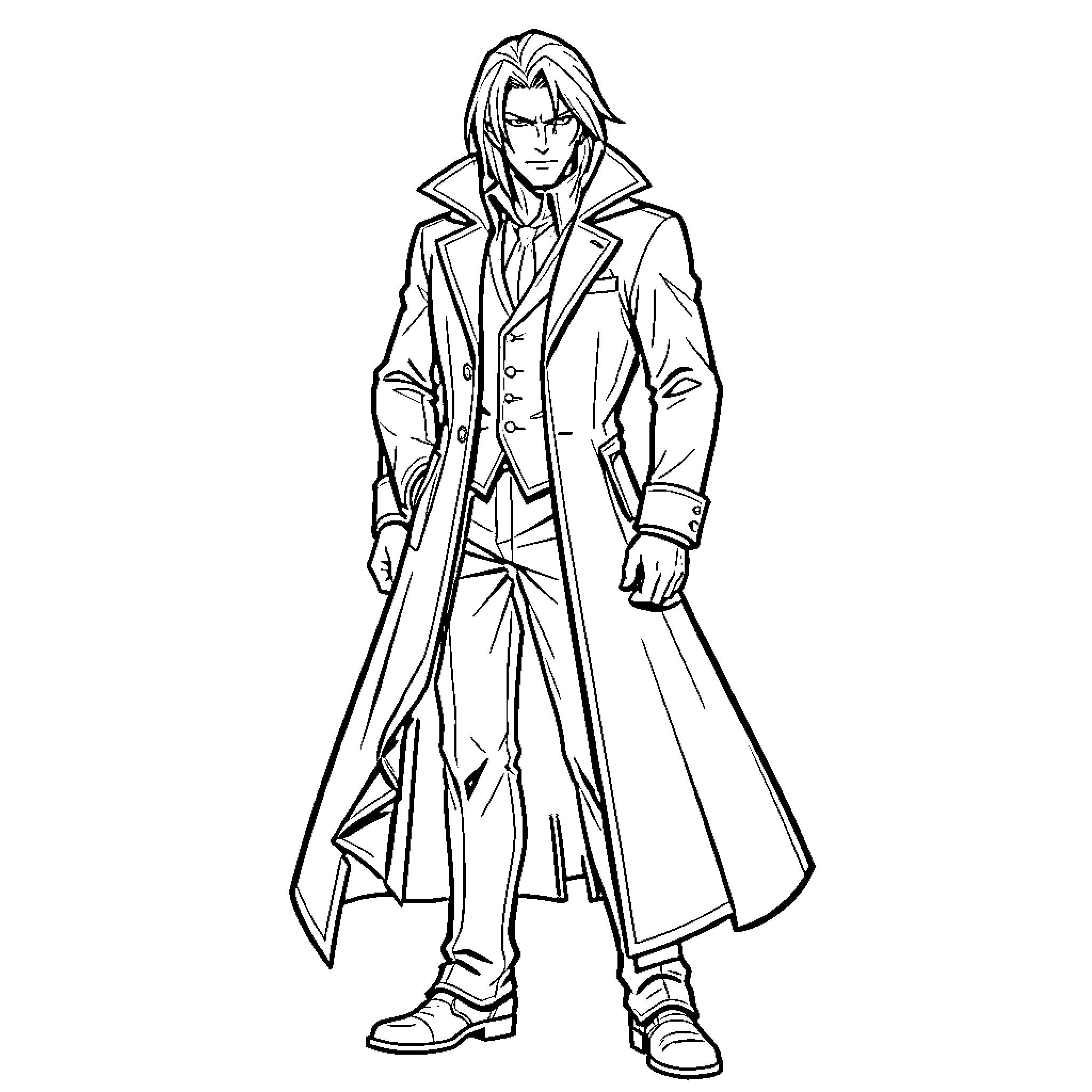 Alucard standing tall in a long formal coat Coloring Page (free black-and-white line drawing printable PDF for all, from beginners to advanced learners, including children, teens, adults, and seniors)