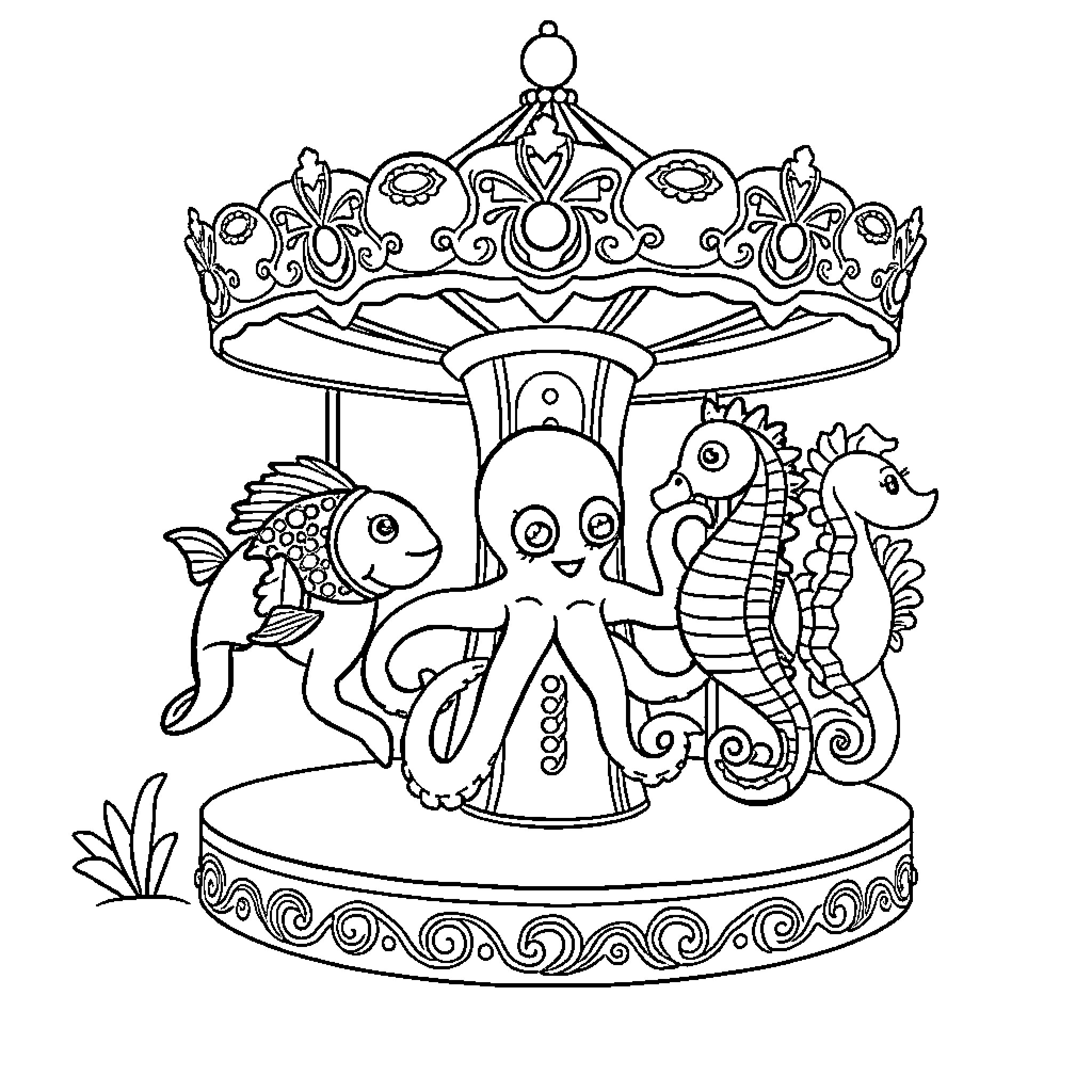 Carousel of Whimsical Sea Creatures Coloring Page (free black-and-white line drawing printable PDF for all, from beginners to advanced learners, including children, teens, adults, and seniors)