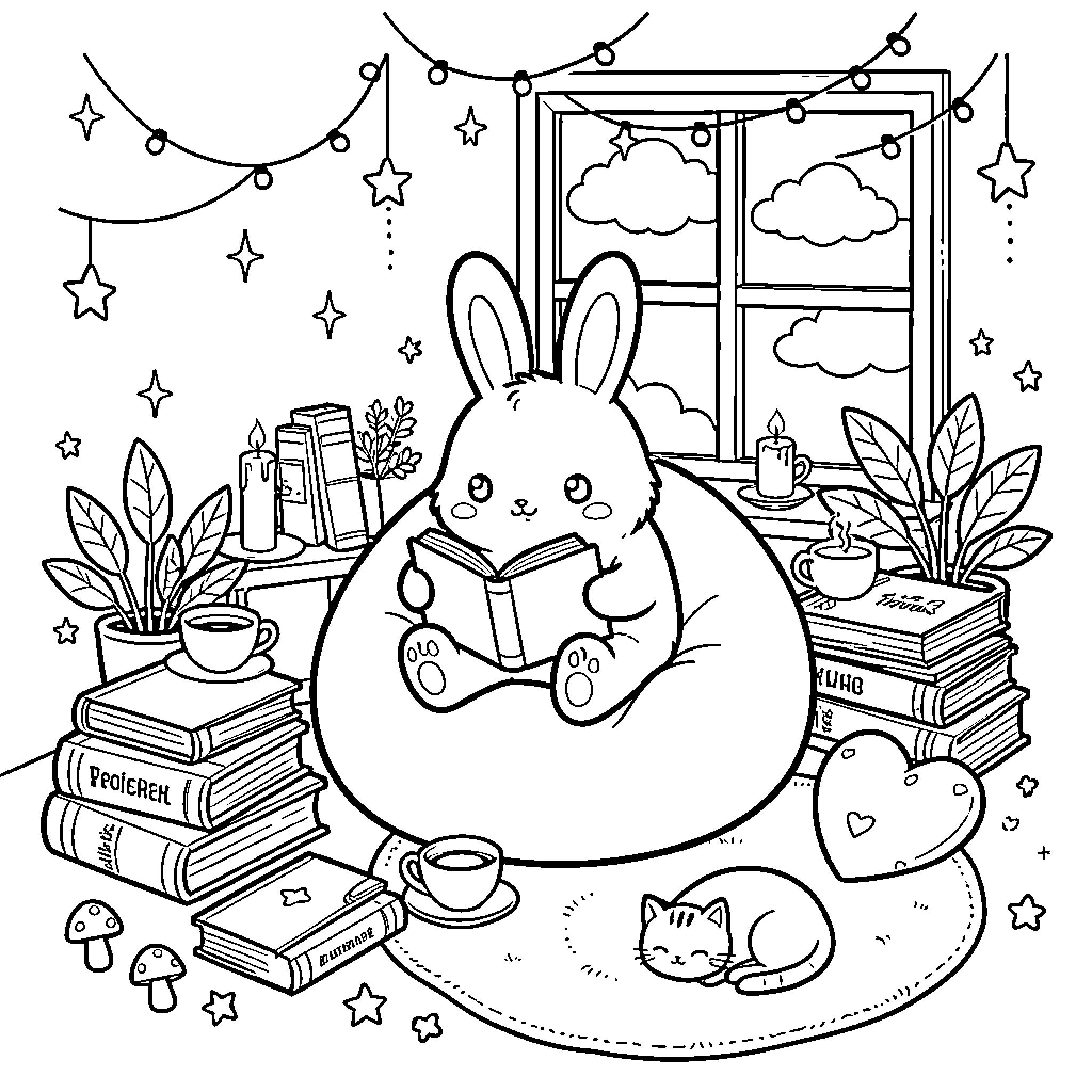 Bunny sitting on a beanbag reading a book Coloring Page (free black-and-white line drawing printable PDF for all, from beginners to advanced learners, including children, teens, adults, and seniors)