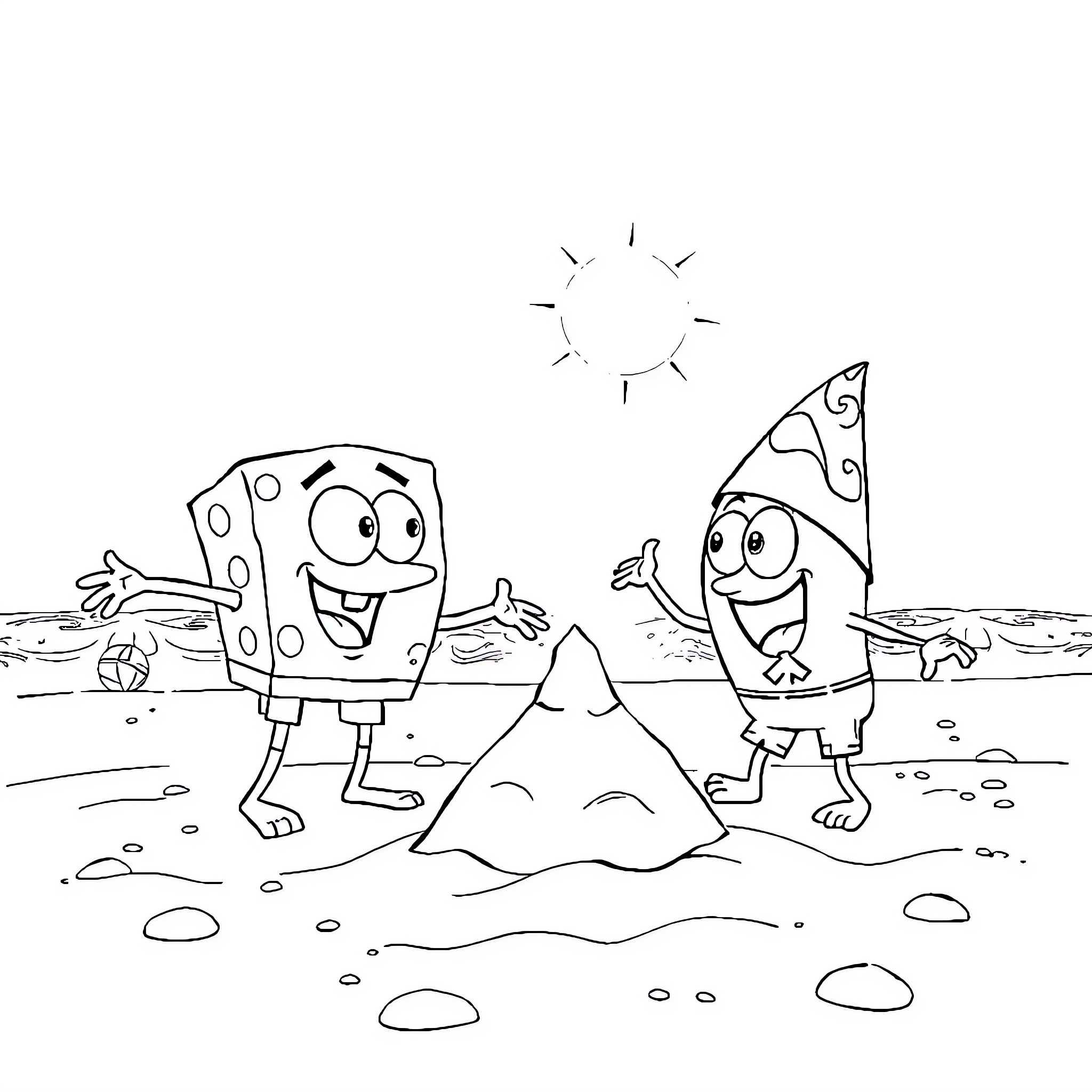 Bob esponja and friends playing on the beach Coloring Page (free black-and-white line drawing printable PDF for all, from beginners to advanced learners, including children, teens, adults, and seniors)