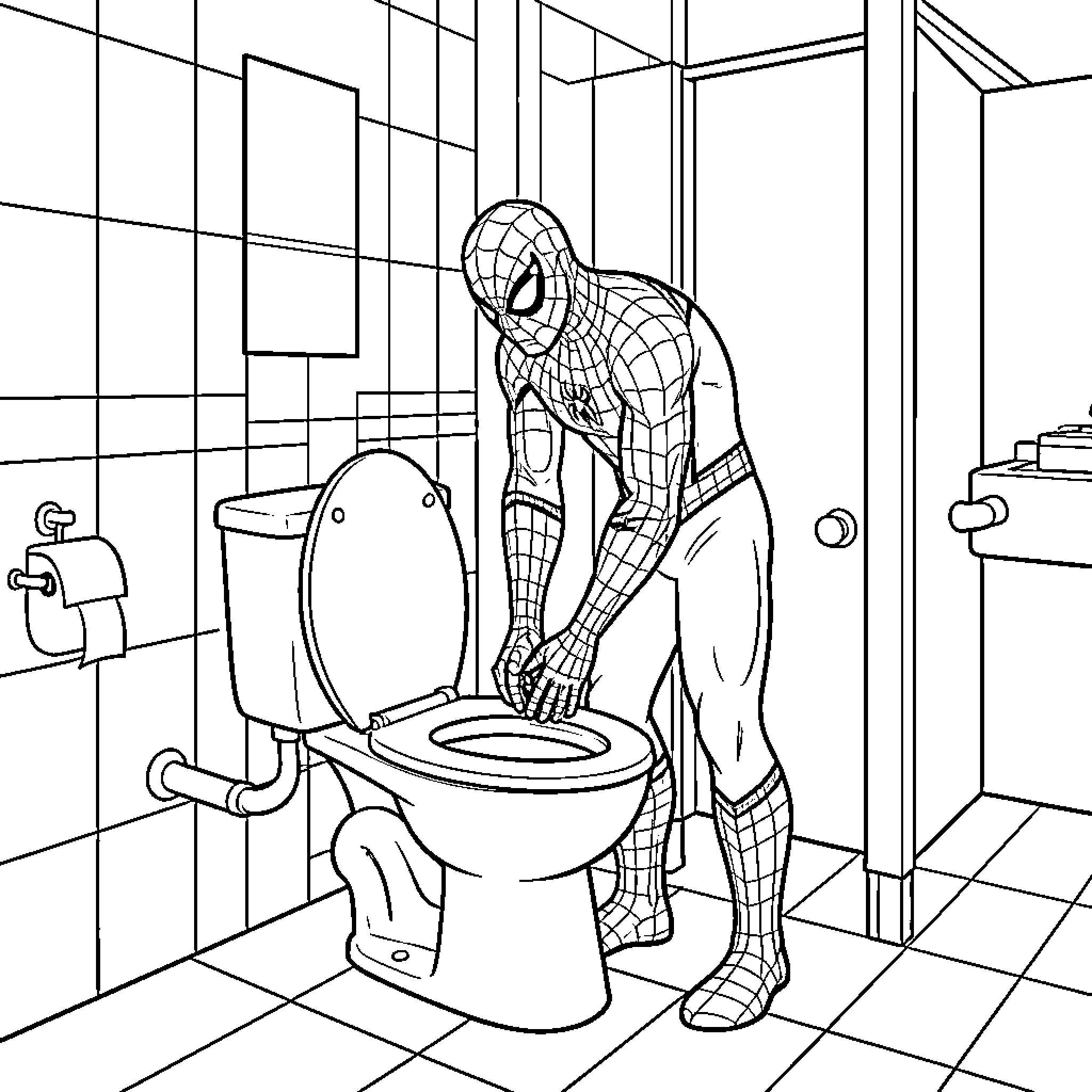 Spiderman leaning over a toilet in a bathroom Coloring Page (free black-and-white line drawing printable PDF for all, from beginners to advanced learners, including children, teens, adults, and seniors)
