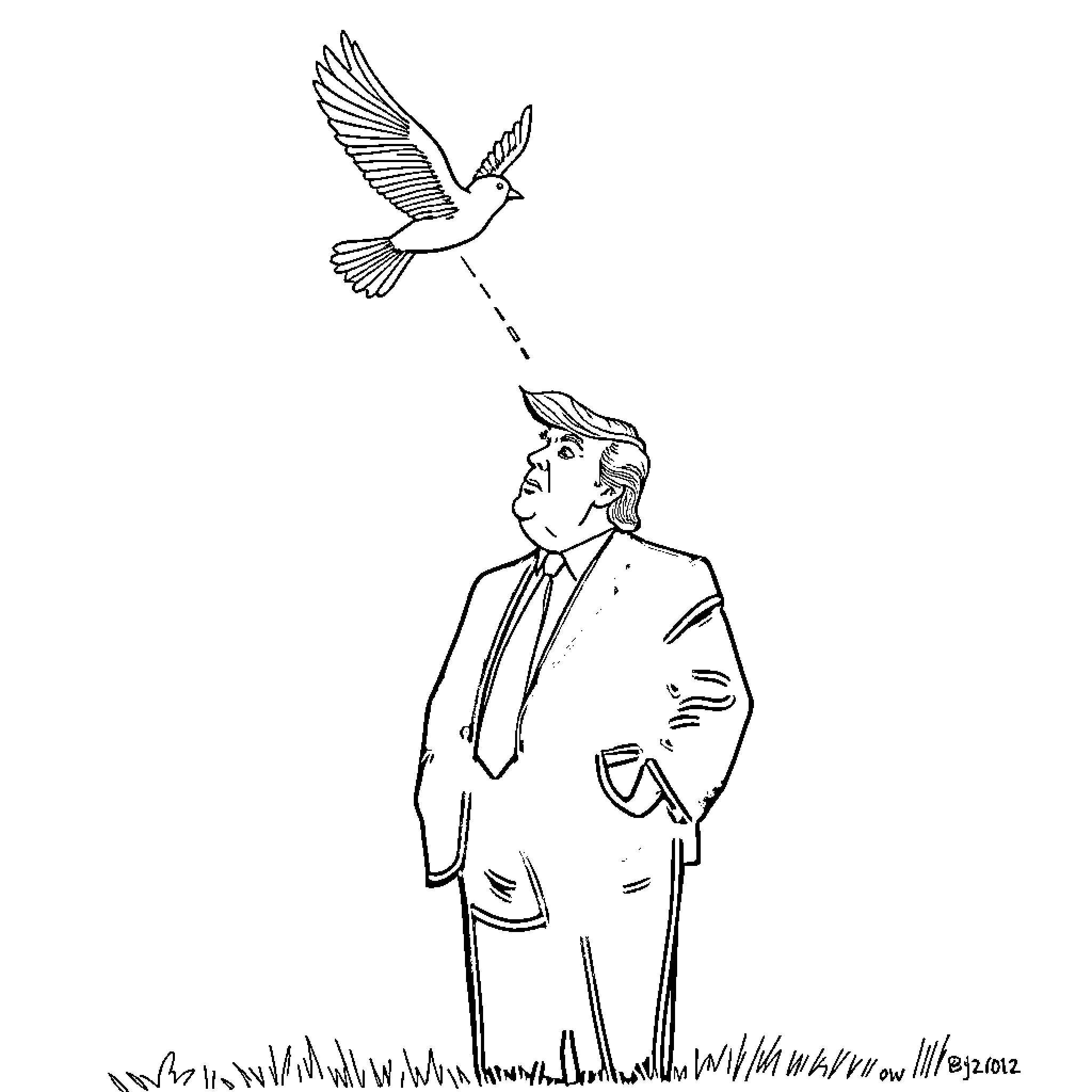 Donald Trump observing a soaring bird Coloring Page (free black-and-white line drawing printable PDF for all, from beginners to advanced learners, including children, teens, adults, and seniors)