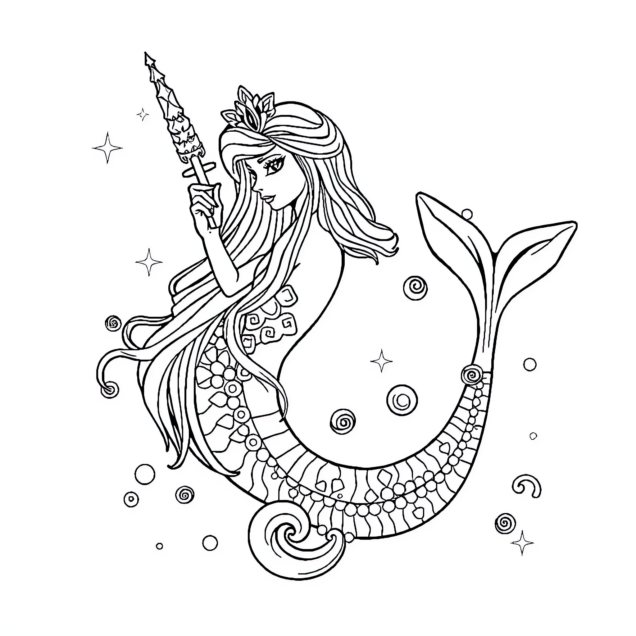 Mermaid wielding magical trident amidst underwater wonders Coloring Page (free black-and-white line drawing printable PDF for all, from beginners to advanced learners, including children, teens, adults, and seniors)