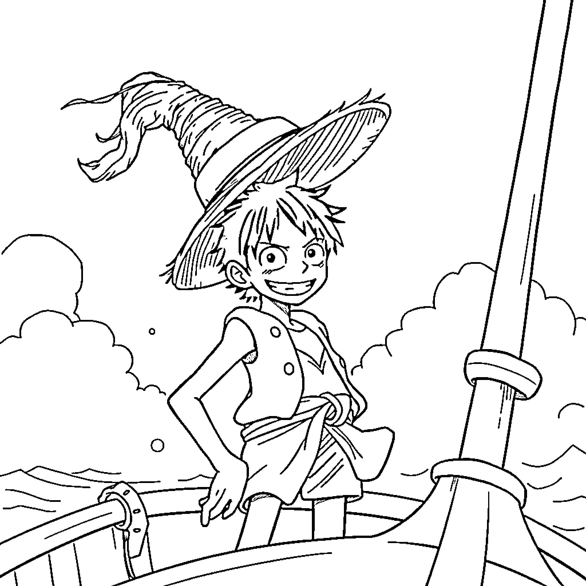 Monkey D Luffy sailing on the high seas Coloring Page (free black-and-white line drawing printable PDF for all, from beginners to advanced learners, including children, teens, adults, and seniors)