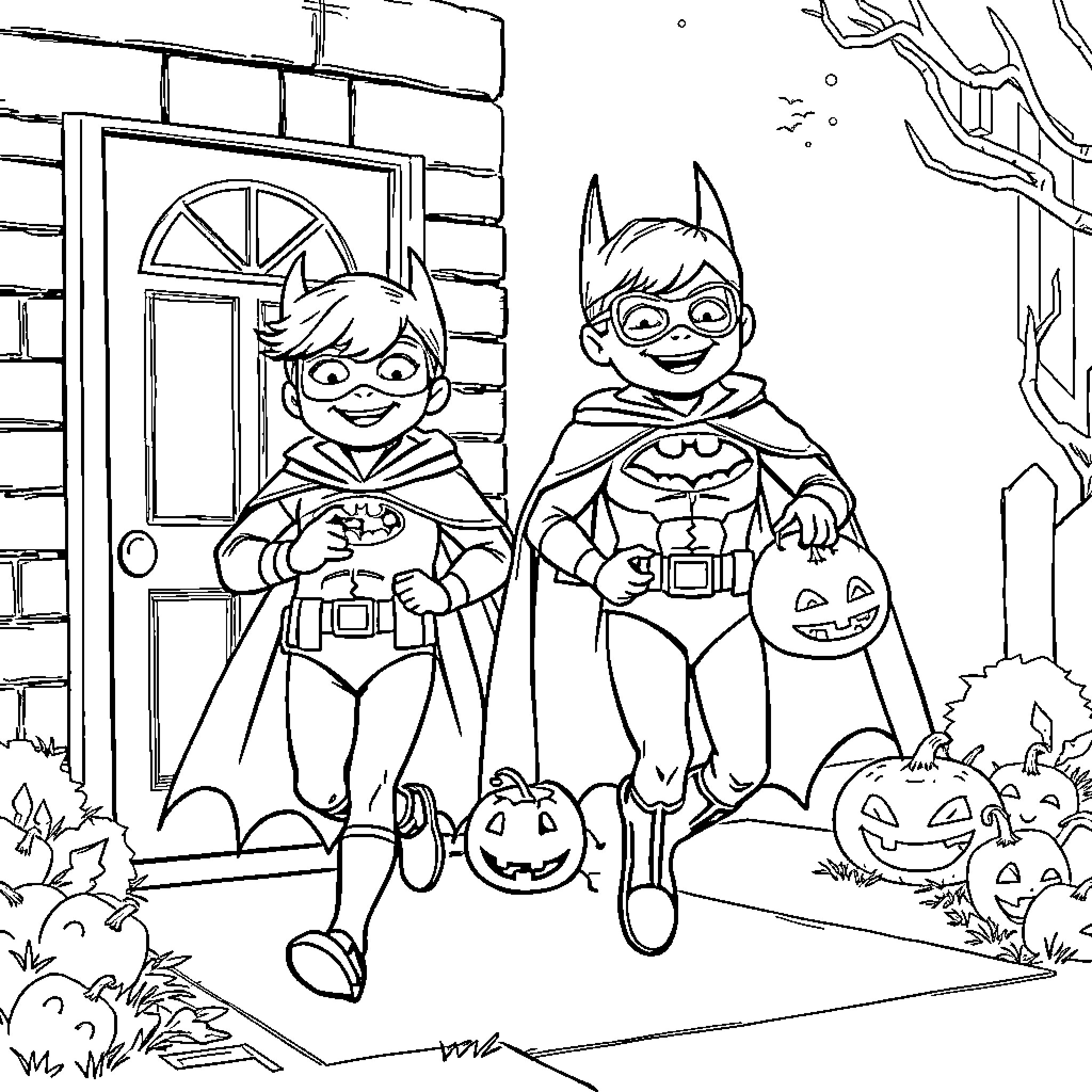 Batman brothers trick-or-treating on Halloween Coloring Page (free black-and-white line drawing printable PDF for all, from beginners to advanced learners, including children, teens, adults, and seniors)