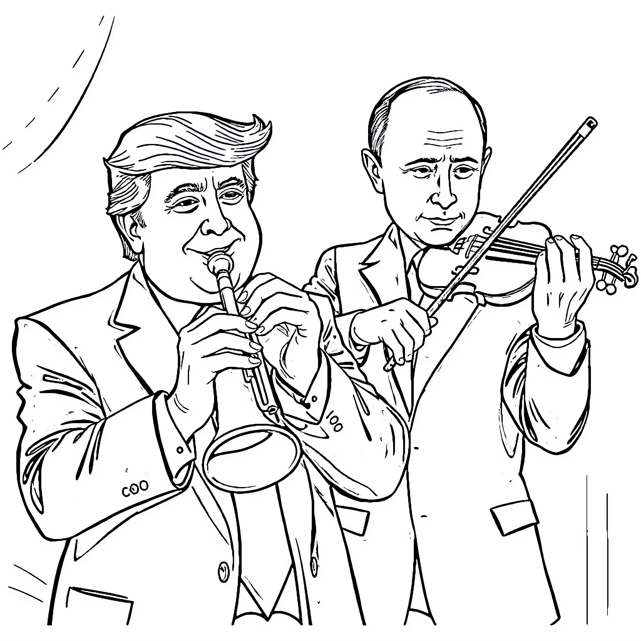 Donald Trump and Vladimir Putin in a musical performance Coloring Page (free black-and-white line drawing printable PDF for all, from beginners to advanced learners, including children, teens, adults, and seniors)
