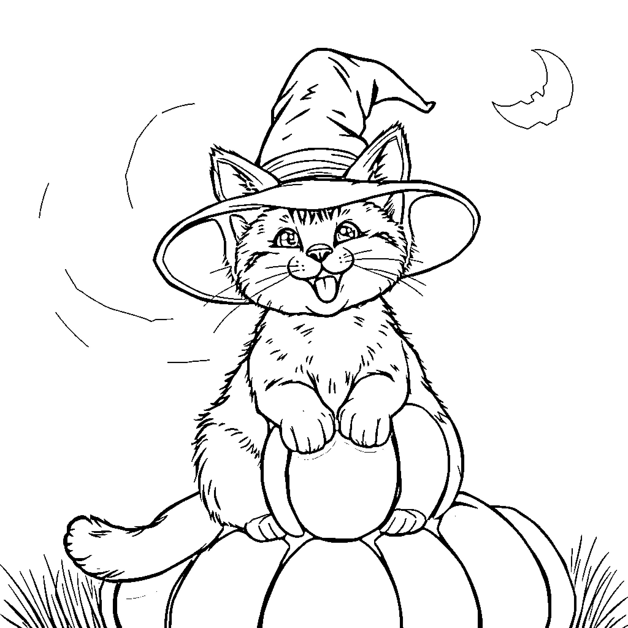 Cat wearing a witch hat on a pumpkin Coloring Page (free black-and-white line drawing printable PDF for all, from beginners to advanced learners, including children, teens, adults, and seniors)