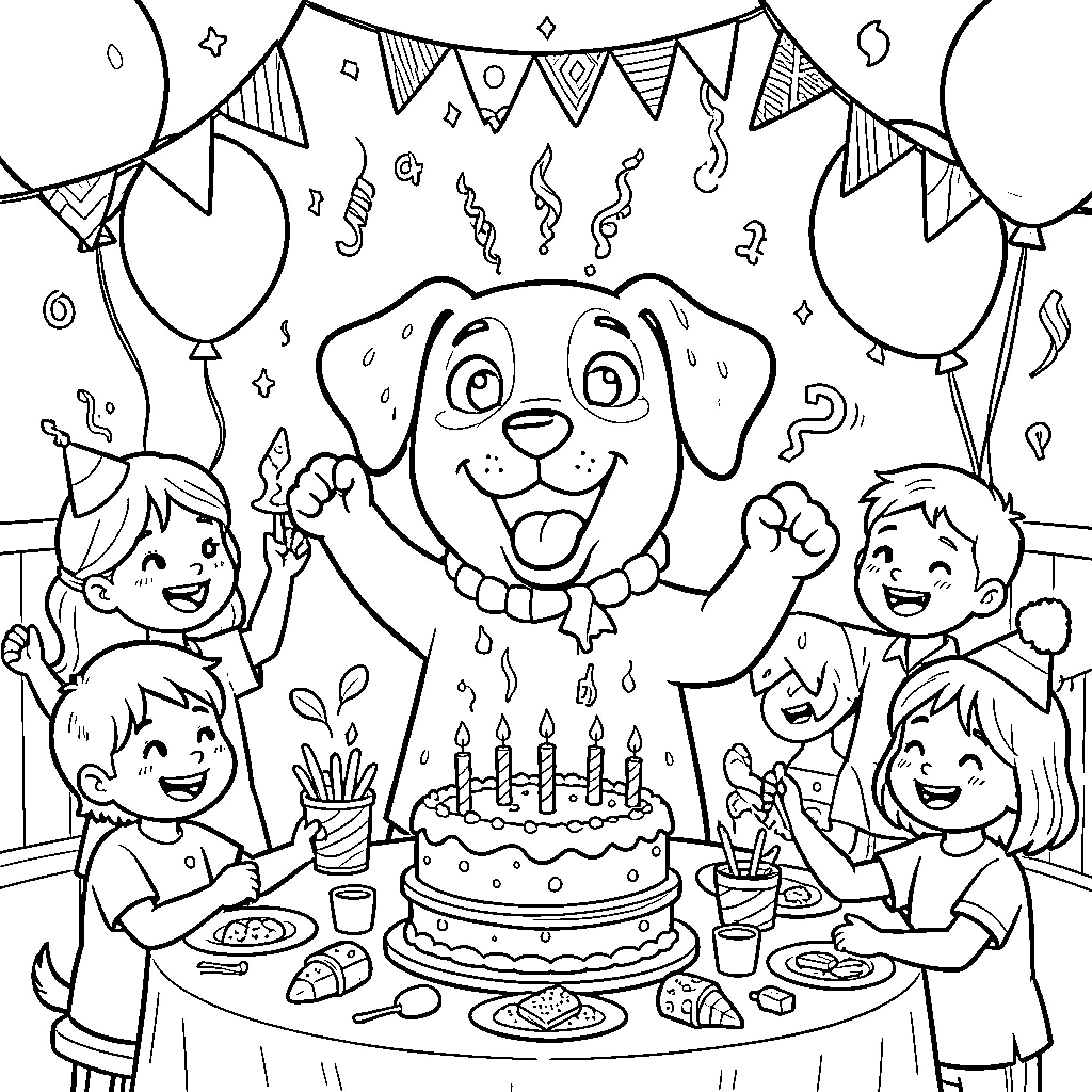 Dog celebrating a birthday party with joyful children Coloring Page (free black-and-white line drawing printable PDF for all, from beginners to advanced learners, including children, teens, adults, and seniors)