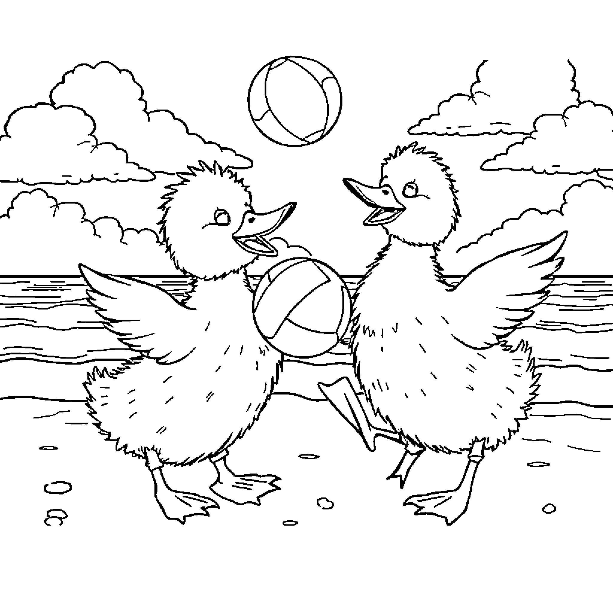 Duck ducklings playing with beach ball in the park Coloring Page (free black-and-white line drawing printable PDF for all, from beginners to advanced learners, including children, teens, adults, and seniors)