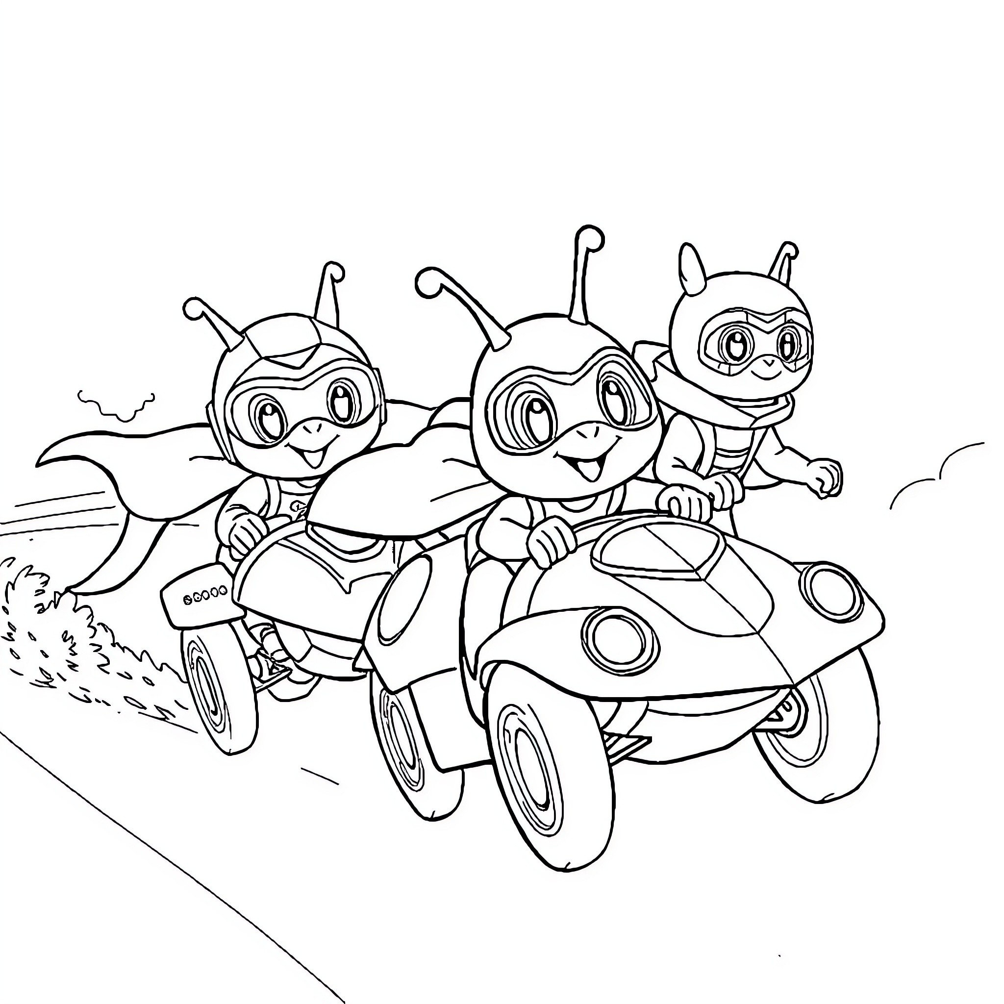 Pat Patrouille characters riding scooters on the road Coloring Page (free black-and-white line drawing printable PDF for all, from beginners to advanced learners, including children, teens, adults, and seniors)