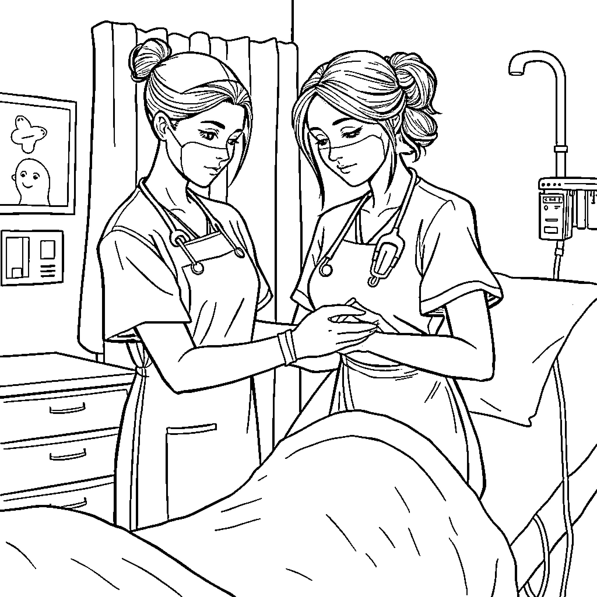 Nurses caring for a patient in hospital Coloring Page (free black-and-white line drawing printable PDF for all, from beginners to advanced learners, including children, teens, adults, and seniors)