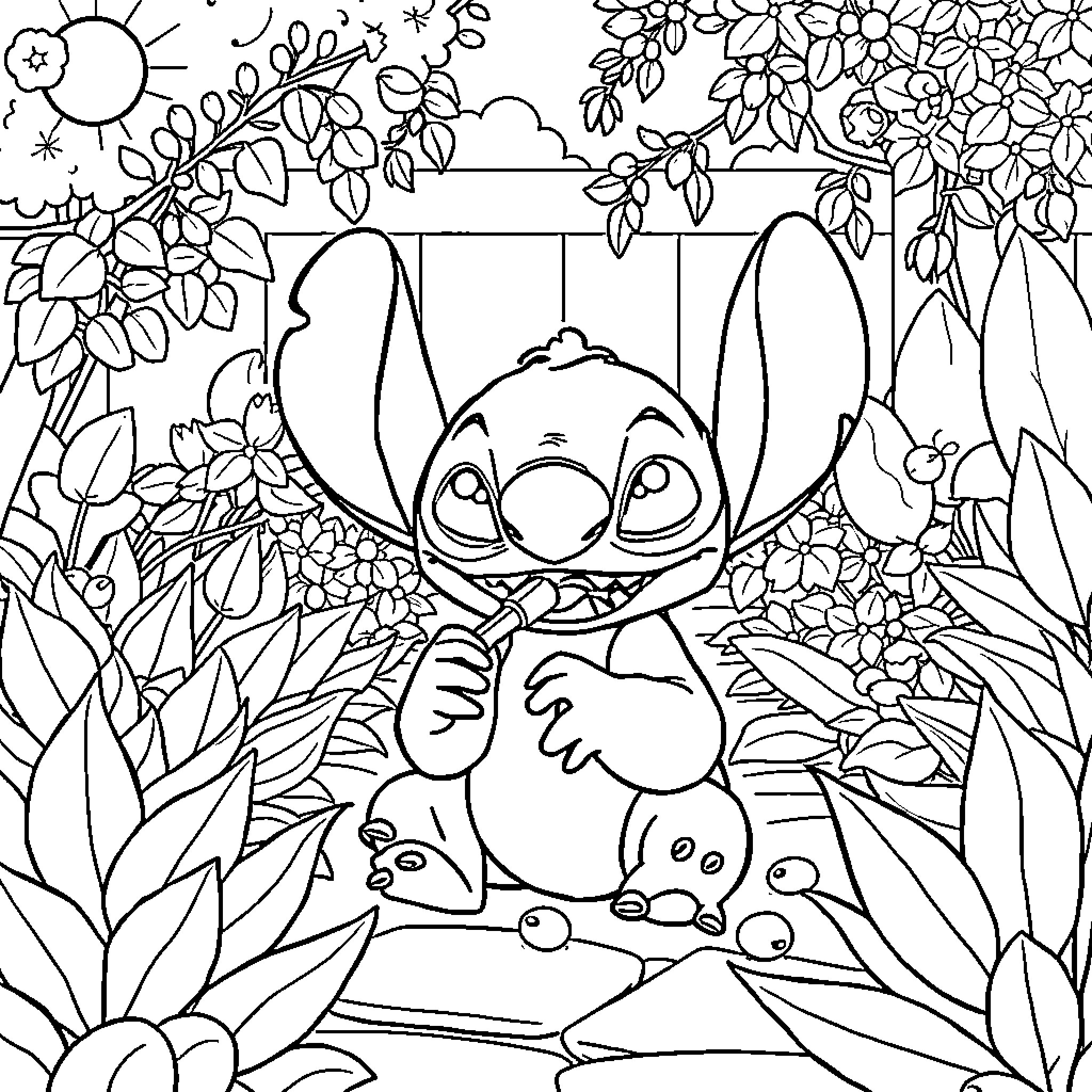 Stitch exploring a lush, floral scene Coloring Page (free black-and-white line drawing printable PDF for all, from beginners to advanced learners, including children, teens, adults, and seniors)