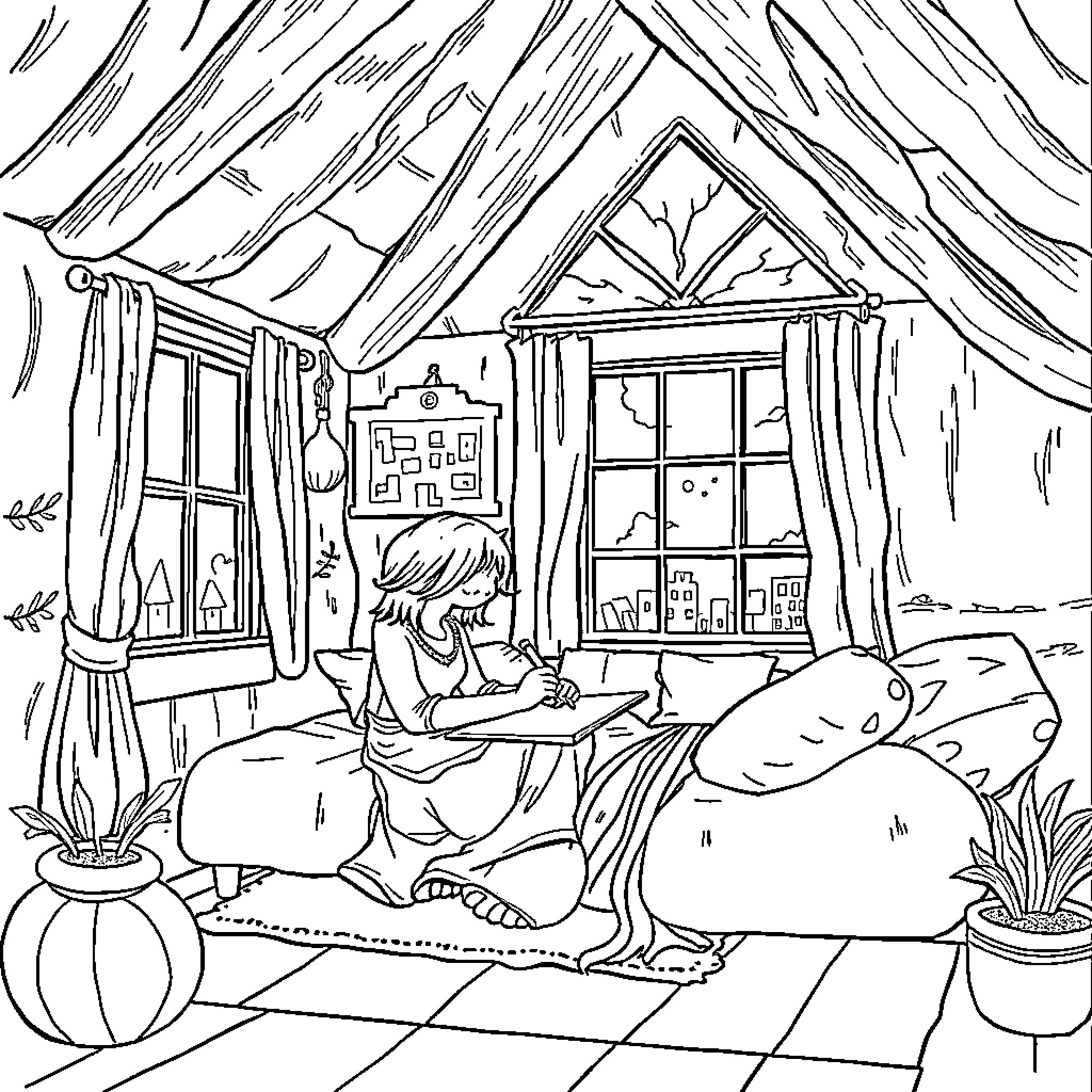 Wednesday Adams in a cozy cabin Coloring Page (free black-and-white line drawing printable PDF for all, from beginners to advanced learners, including children, teens, adults, and seniors)