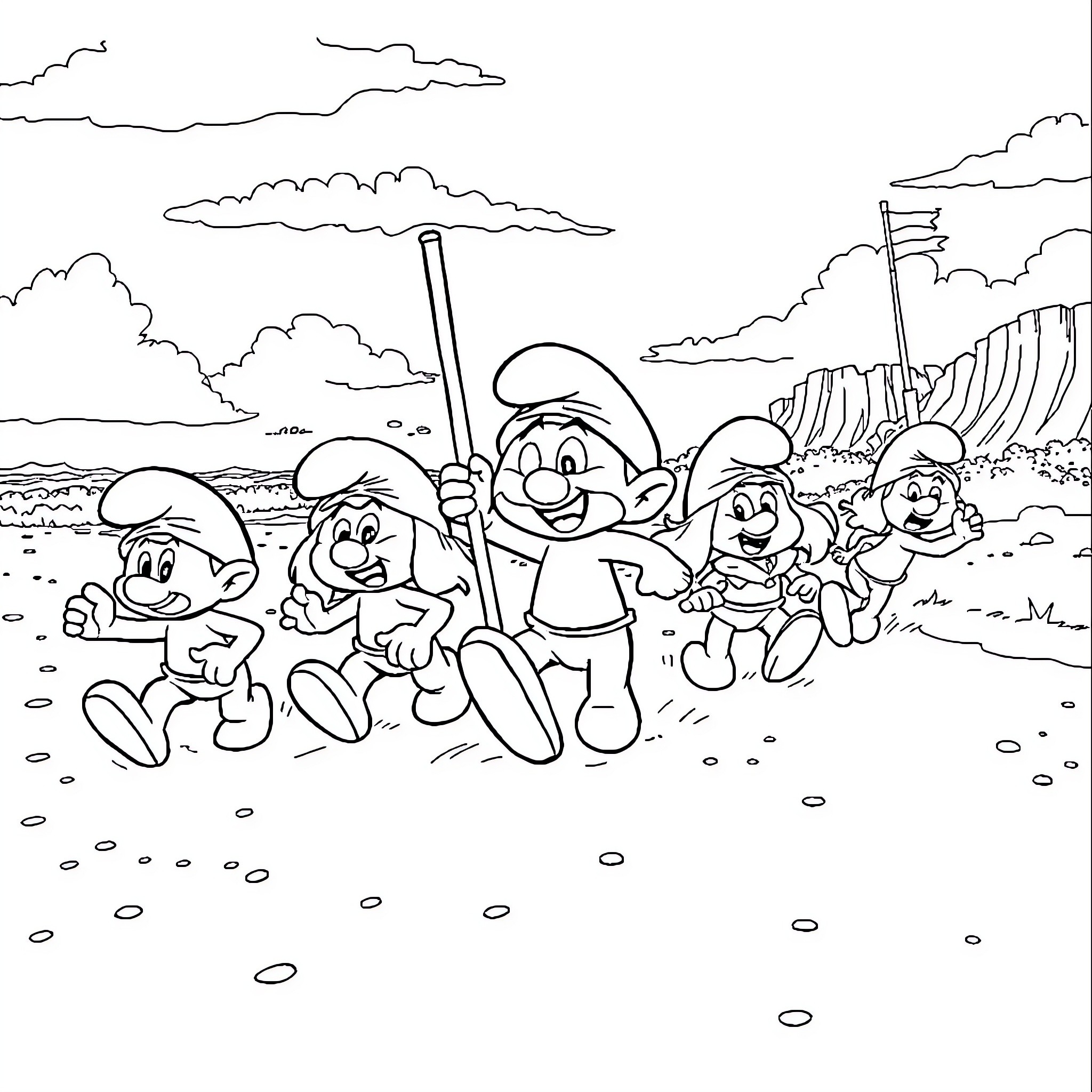 Smurfs on an adventure in the wilderness Coloring Page (free black-and-white line drawing printable PDF for all, from beginners to advanced learners, including children, teens, adults, and seniors)