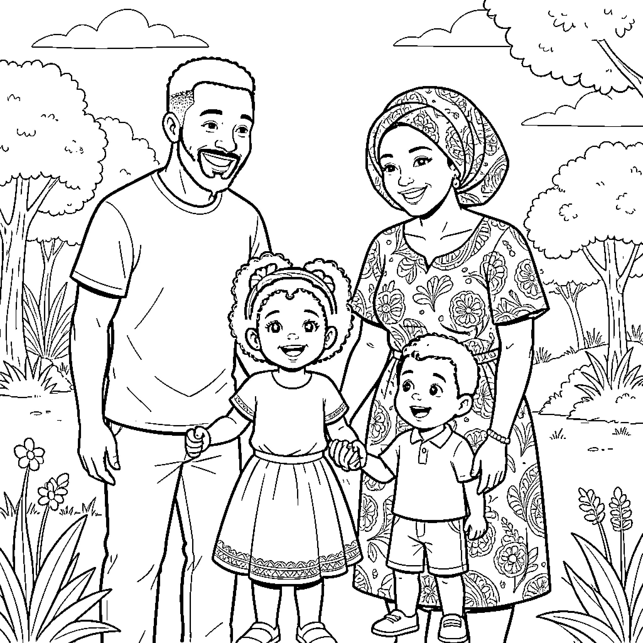 Family smiling together while standing in a park Coloring Page (free black-and-white line drawing printable PDF for all, from beginners to advanced learners, including children, teens, adults, and seniors)